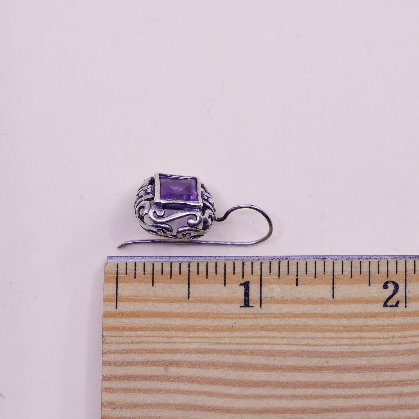 Vintage sterling silver handmade earrings, 925 filigree drops with amethyst