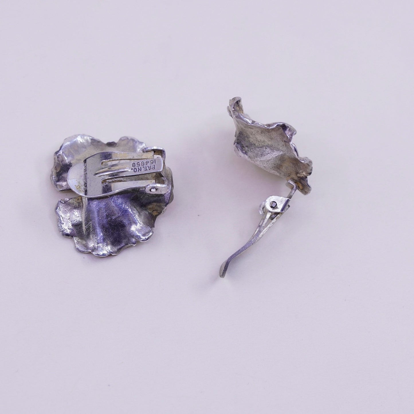 vintage napier sterling 925 silver handmade leaf earrings, clip on with pearl