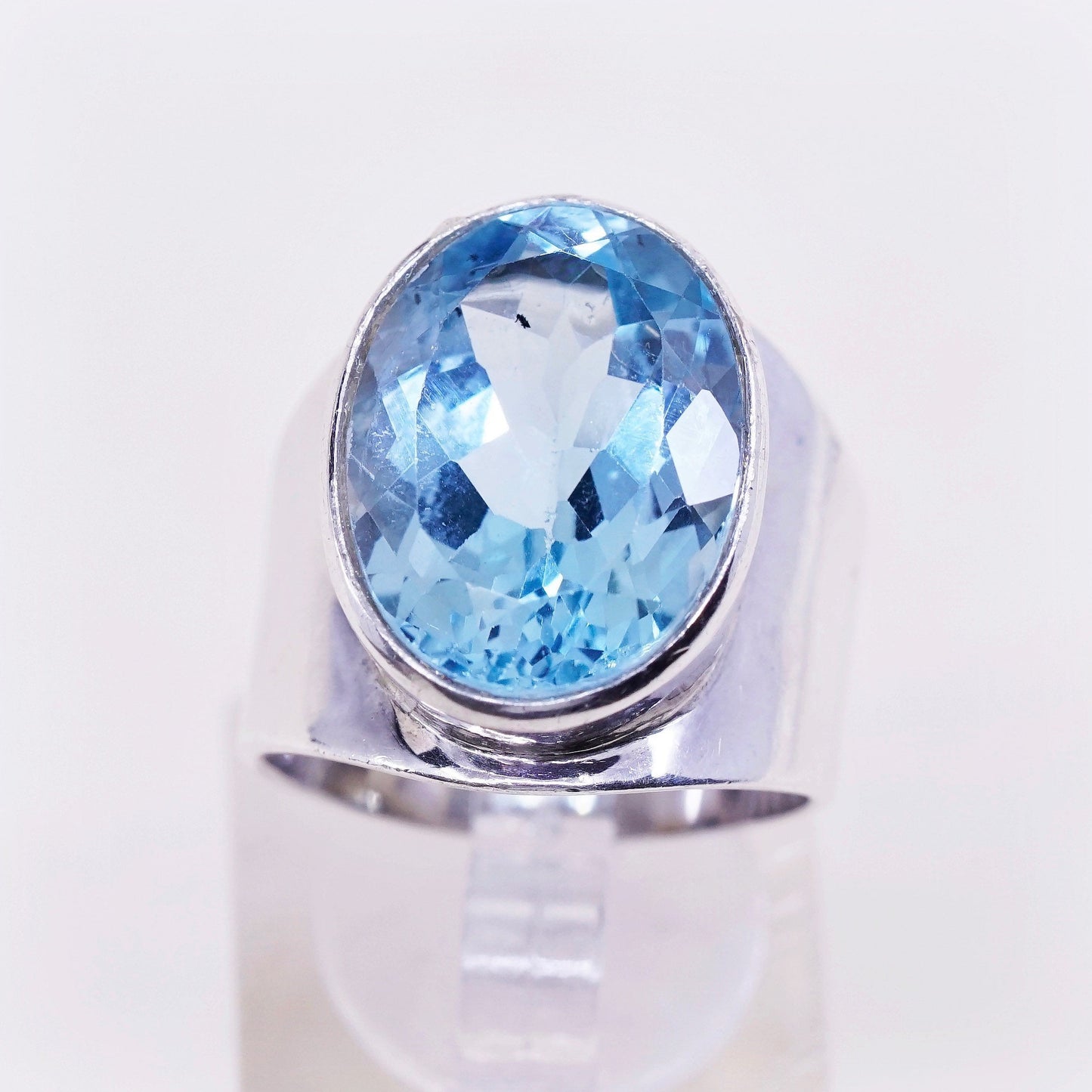 sz 7.5, vtg Sterling 925 silver handmade statement ring w/ blue topaz