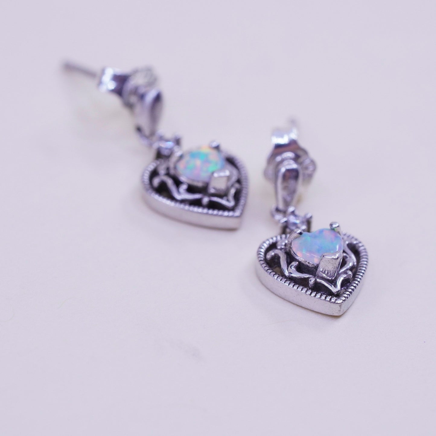 Vintage southwestern sterling 925 silver handmade heart earrings with opal