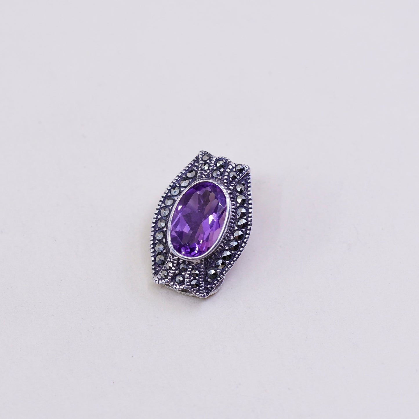 Vintage Sterling 925 silver handmade clip on earrings w/ amethyst and Marcasite