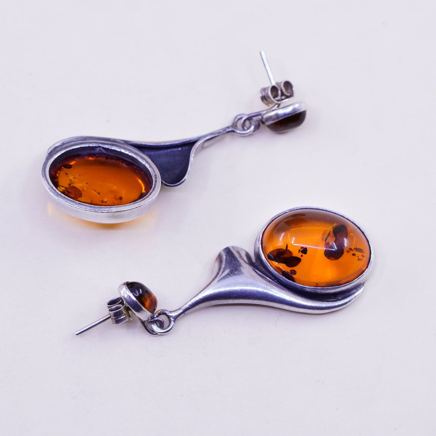 Vintage Sterling silver handmade earrings, 925 teardrop dangles with amber