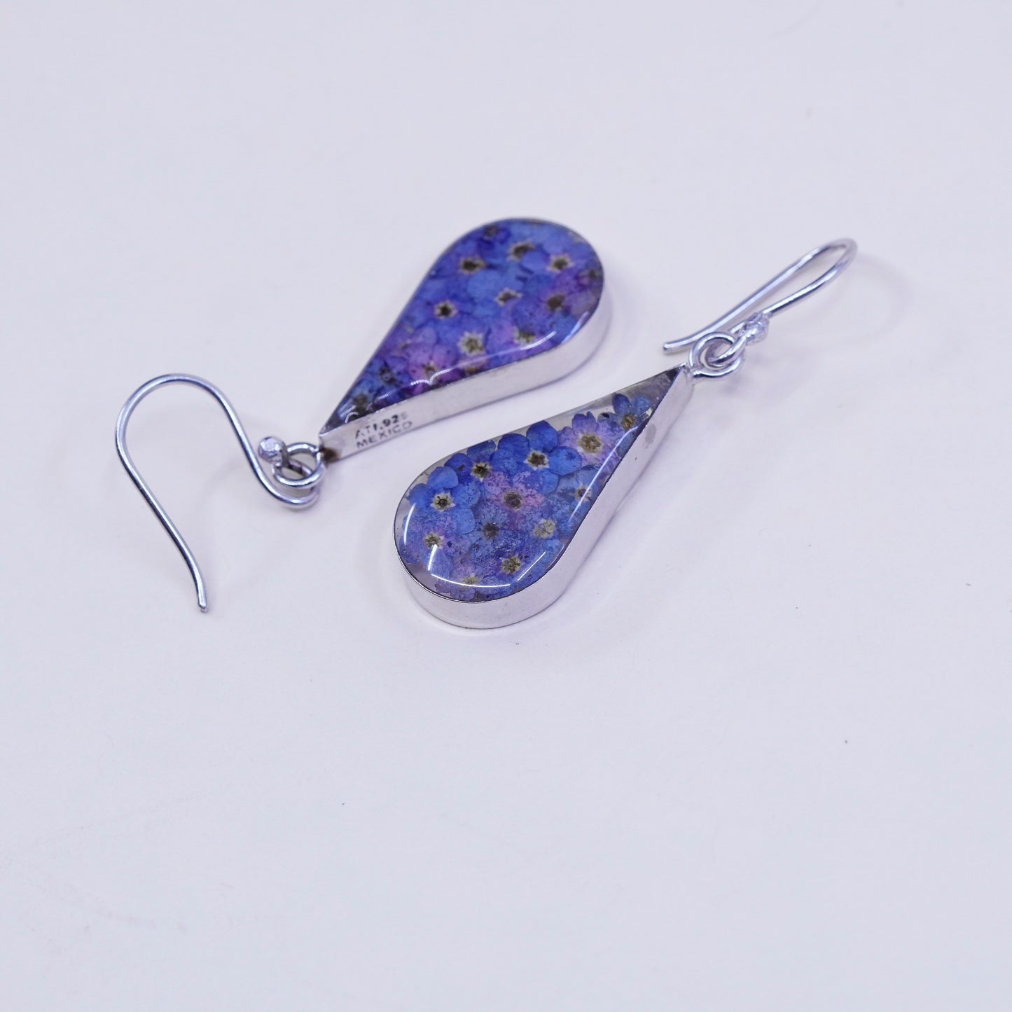 vtg Mexico sterling silver handmade earrings, 925 teardrop purple flower resin