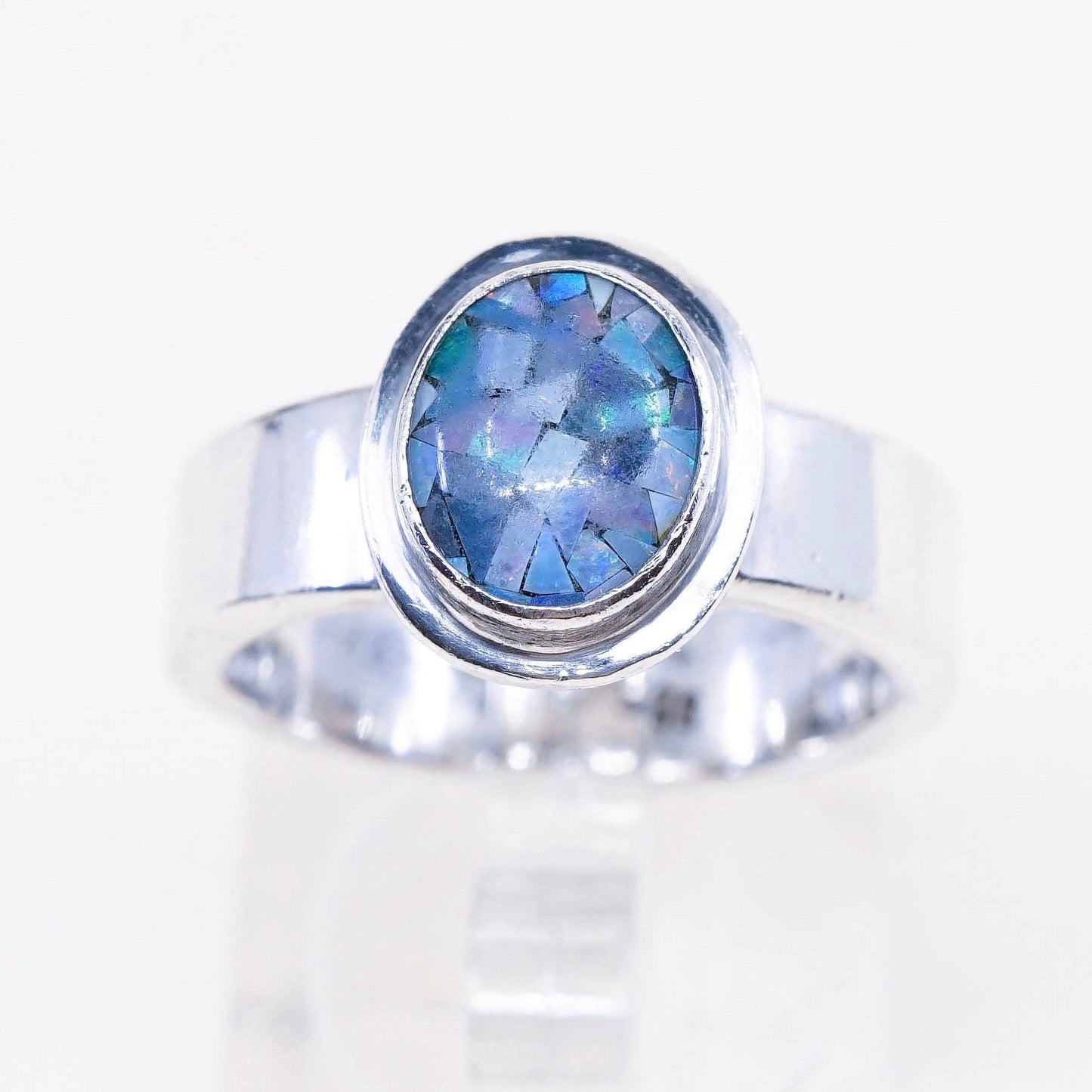 Size 9, Vintage Sterling silver handmade ring, Mexico 925 band with opal