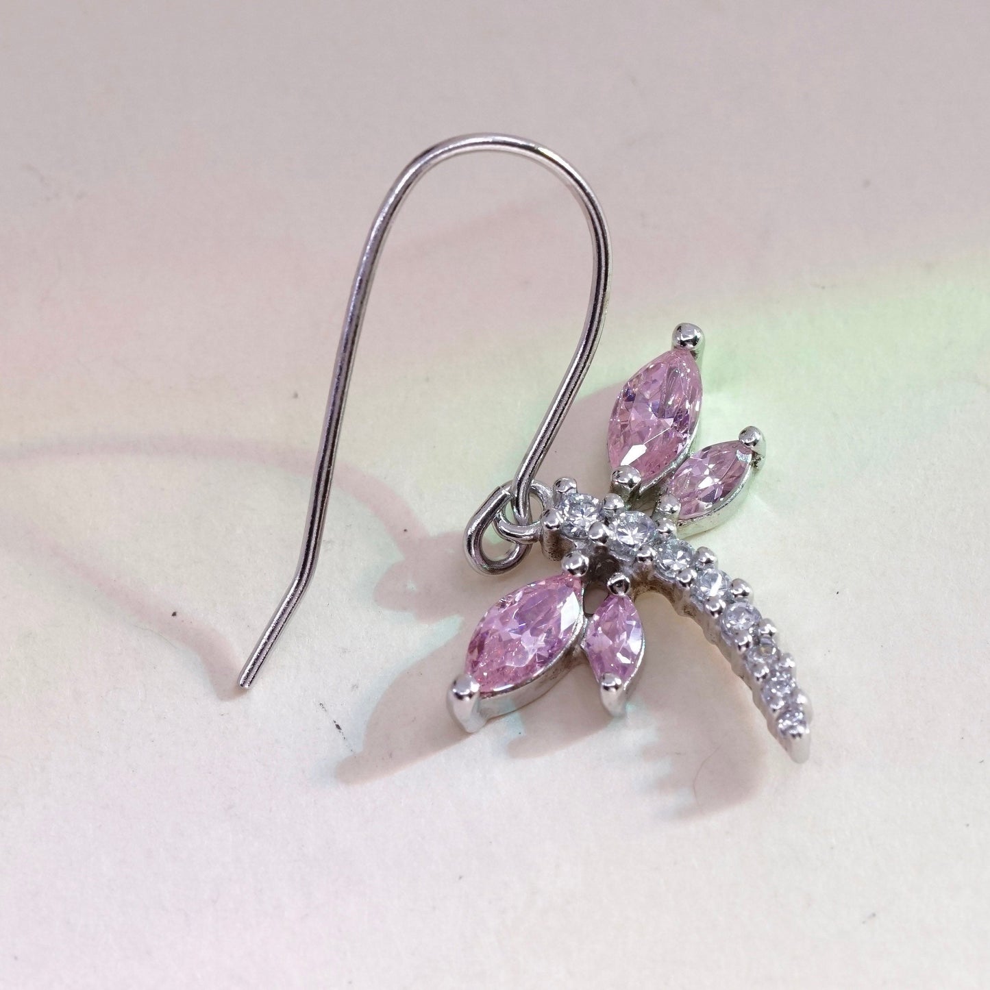 Vintage handmade sterling 925 silver dragonfly earrings with pink Cz