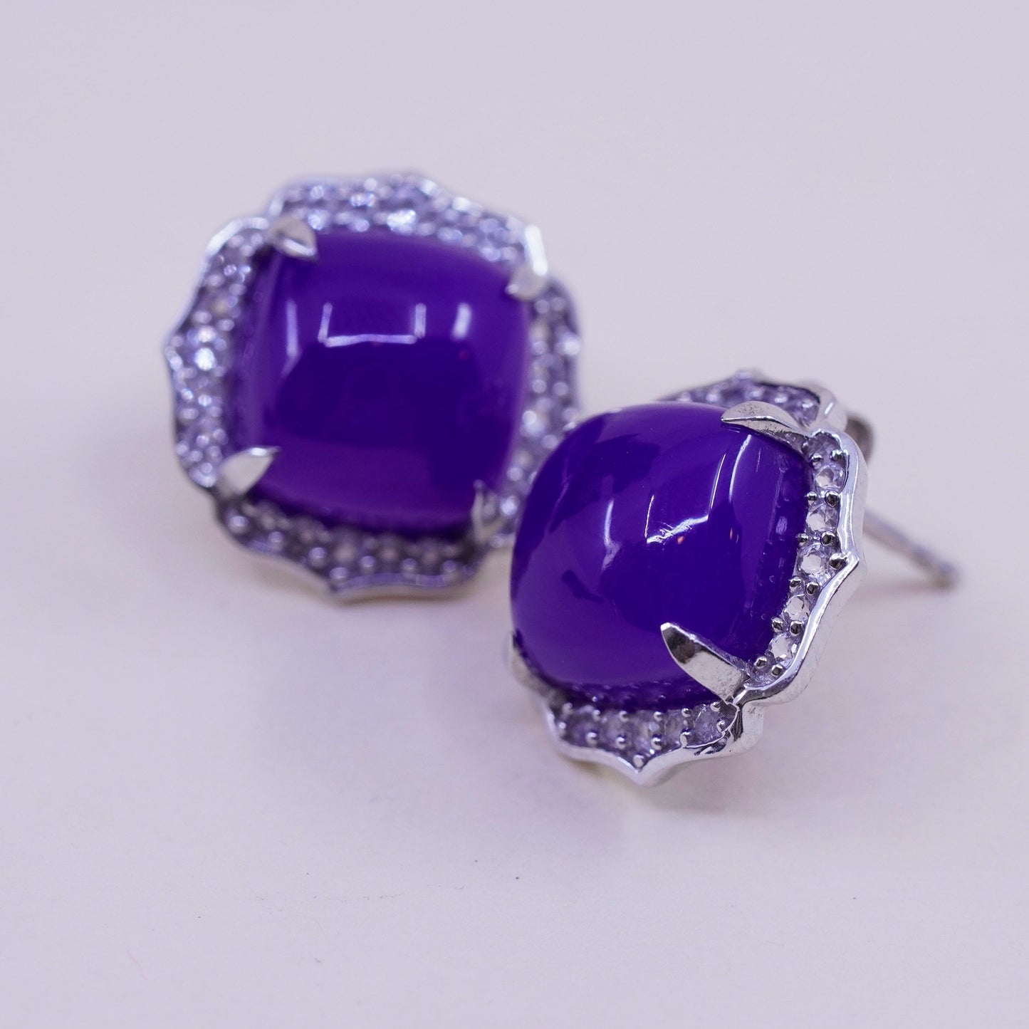 Vintage sterling silver handmade earrings, 925 studs with amethyst and diamond