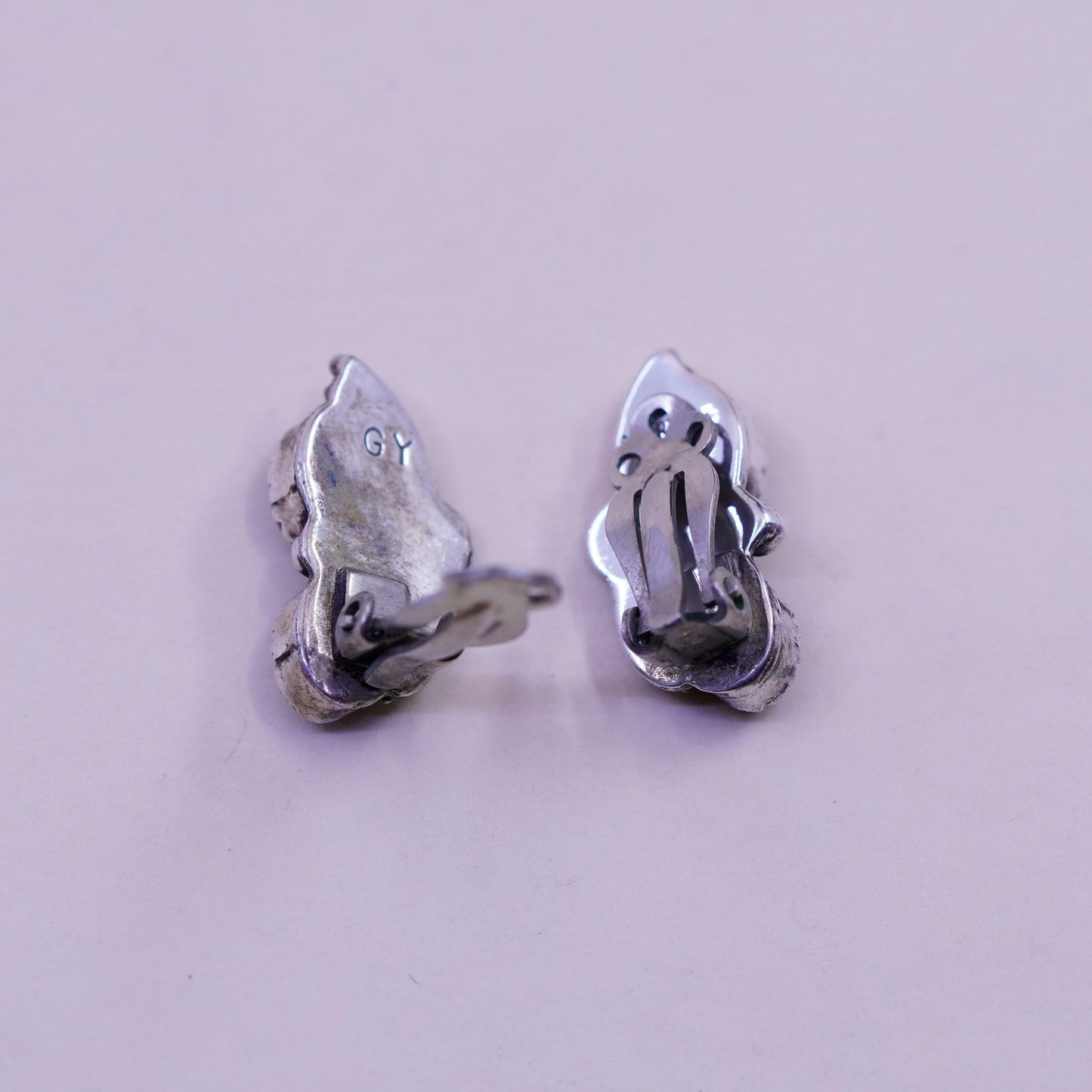 Vintage 925 Sterling silver handmade clip on leafy earrings with hematite
