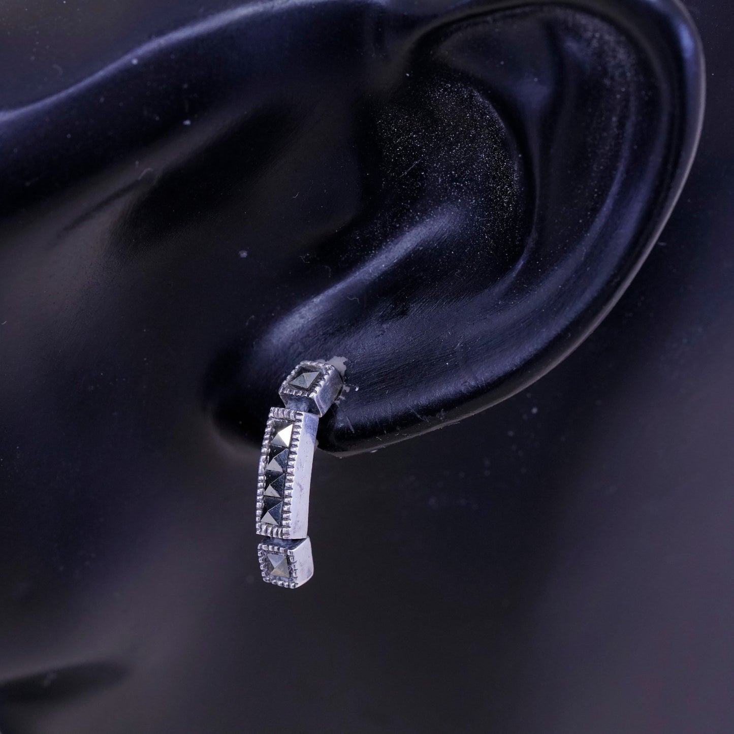 Vintage sterling 925 silver handmade elongated earrings with marcasite