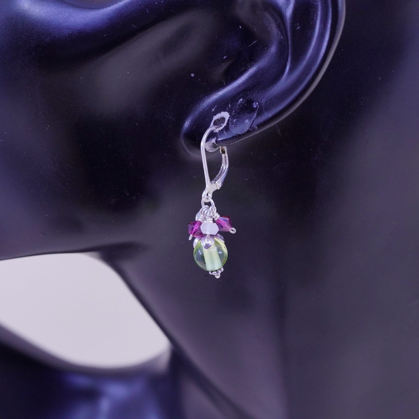 Vintage Sterling 925 silver handmade earrings with cluster green glass beads