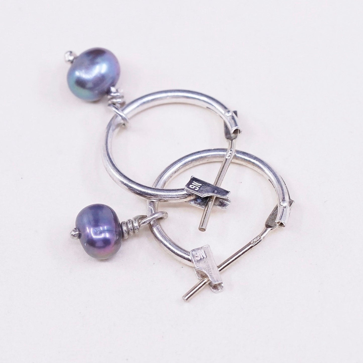 0.5”, vtg sterling 925 silver earrings, minimalist primitive hoops with pearl