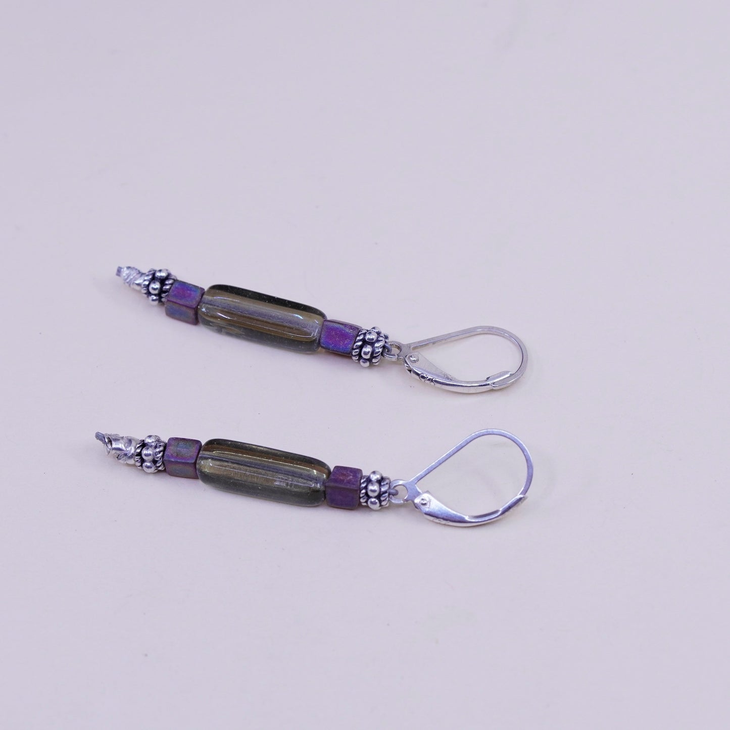 Vintage Sterling 925 silver handmade earrings with artisan glass tube amethyst