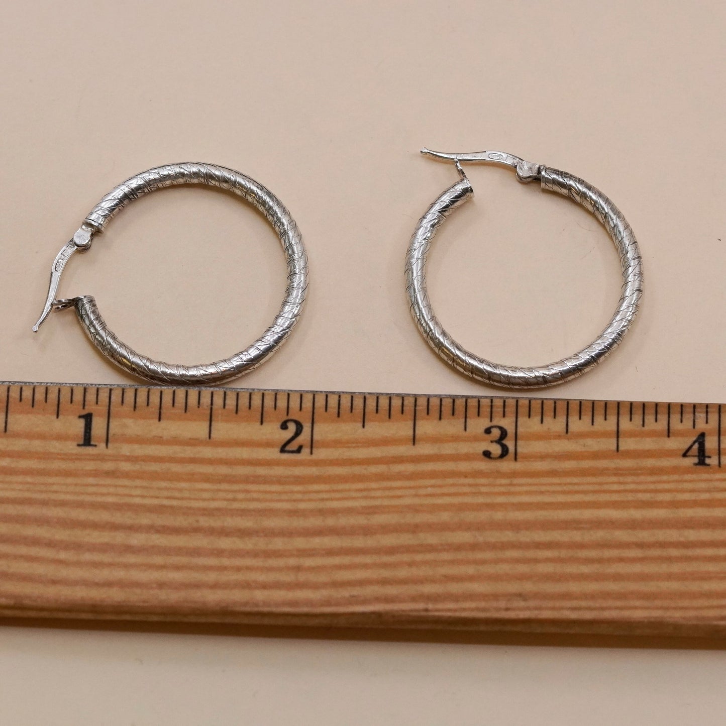 1”, Vintage sterling 925 silver loop earrings textured fashion minimalist hoops