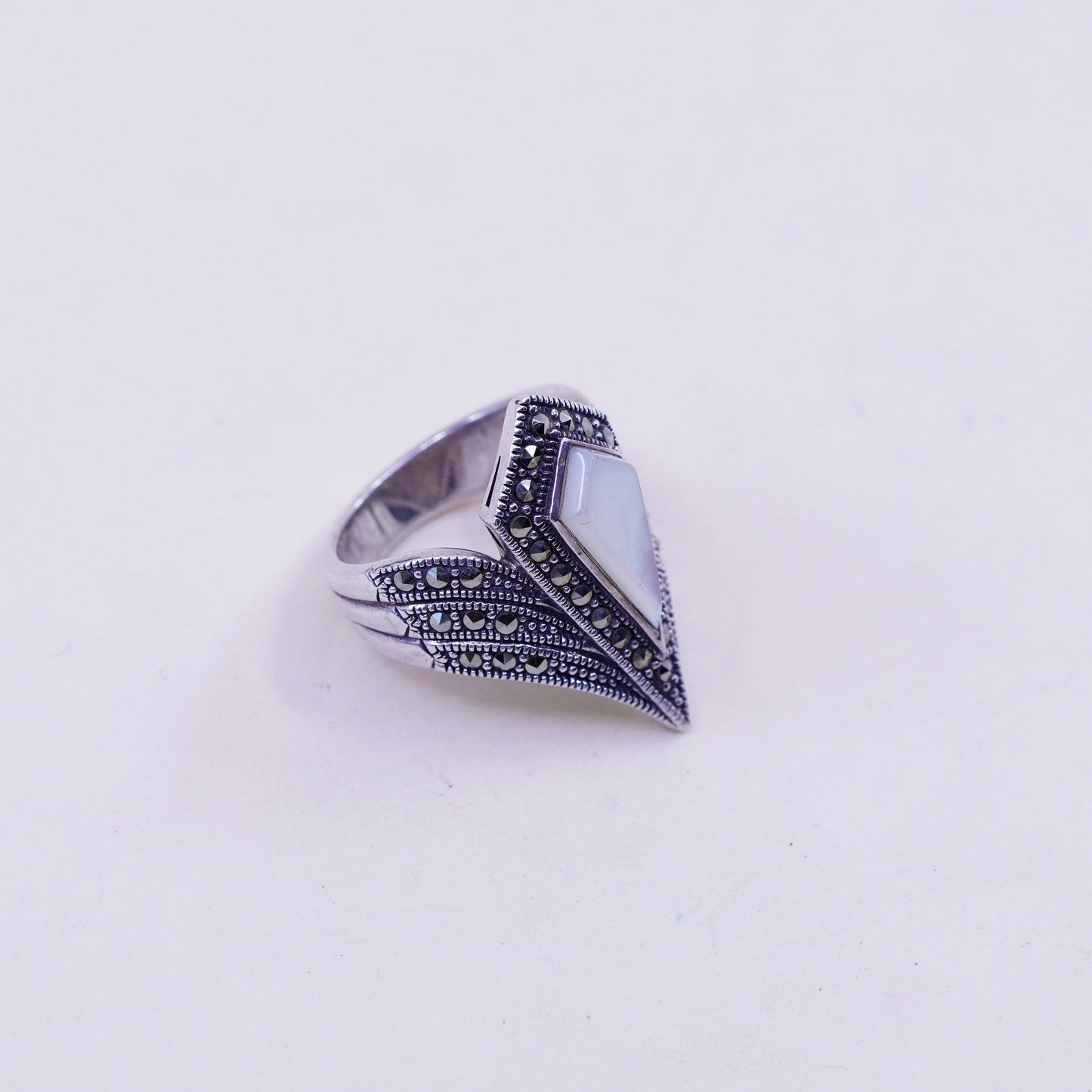 Size 7.75, sterling silver Southwestern 925 ring mother of pearl marcasite