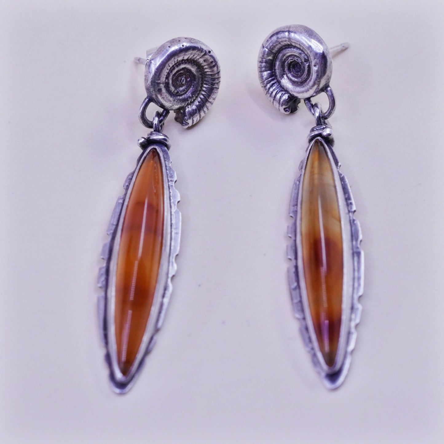 Vintage sterling 925 silver handmade shell earrings with Marquise honey Amber