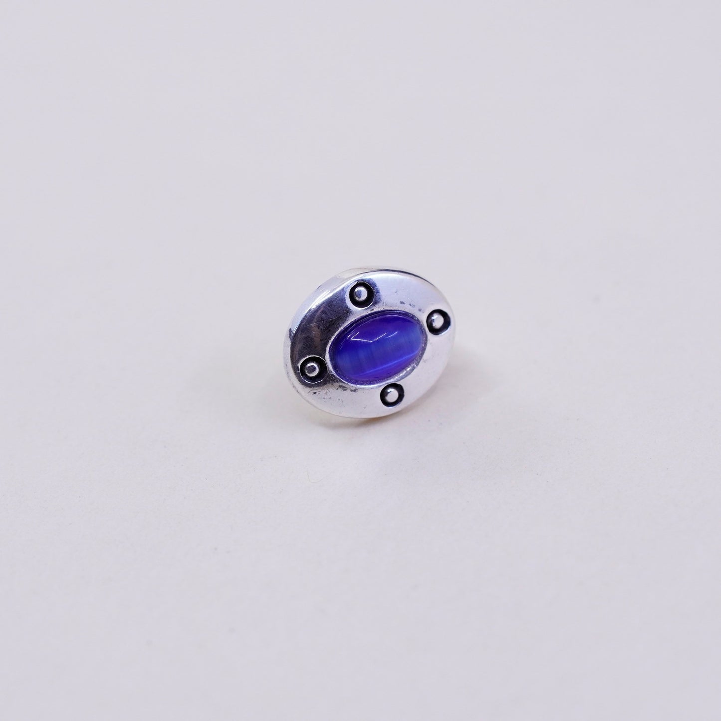 sterling silver handmade earrings, 925 studs with oval shaped blue cats eye