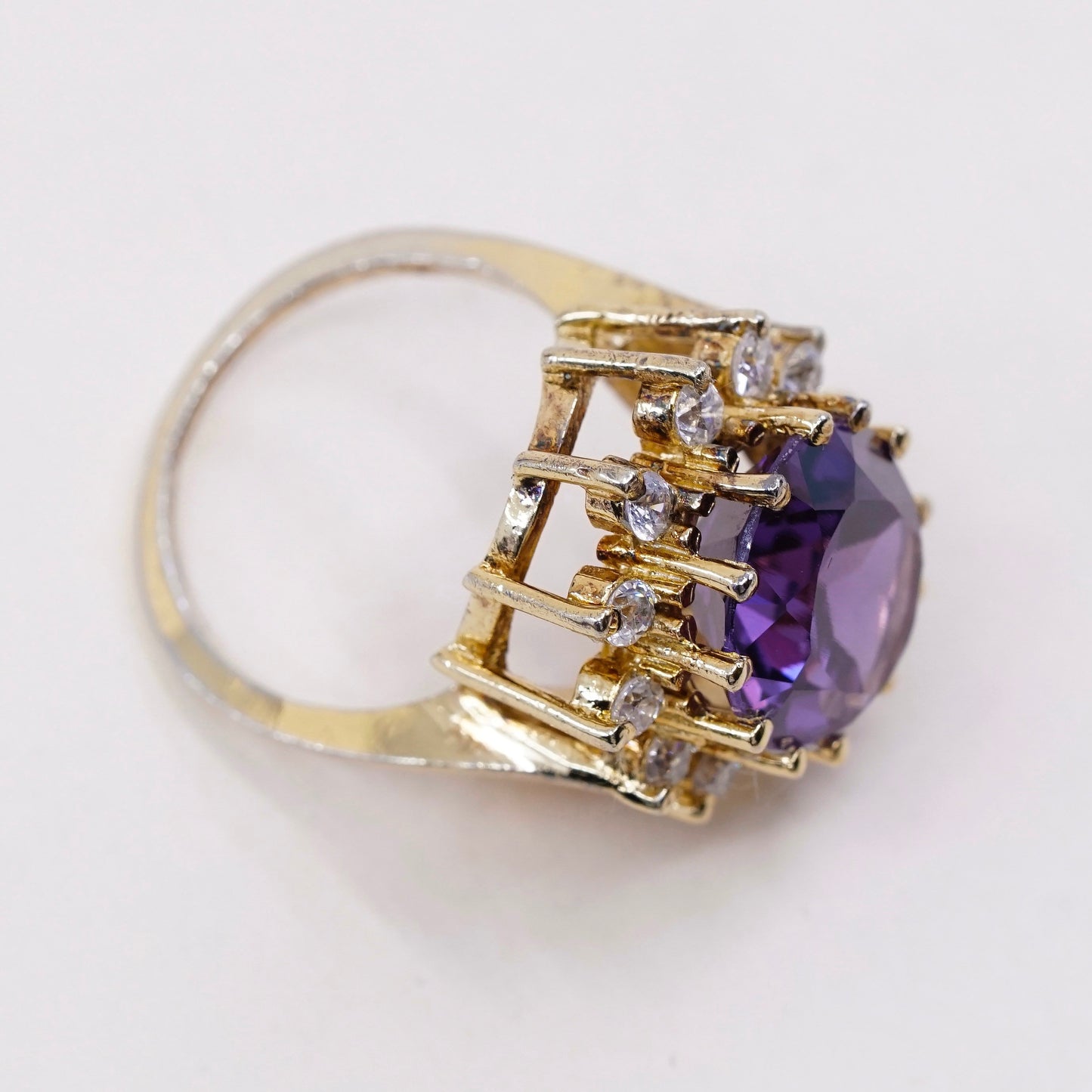 sz 7, Vermeil gold over sterling silver 925 cocktail ring with amethyst and Cz