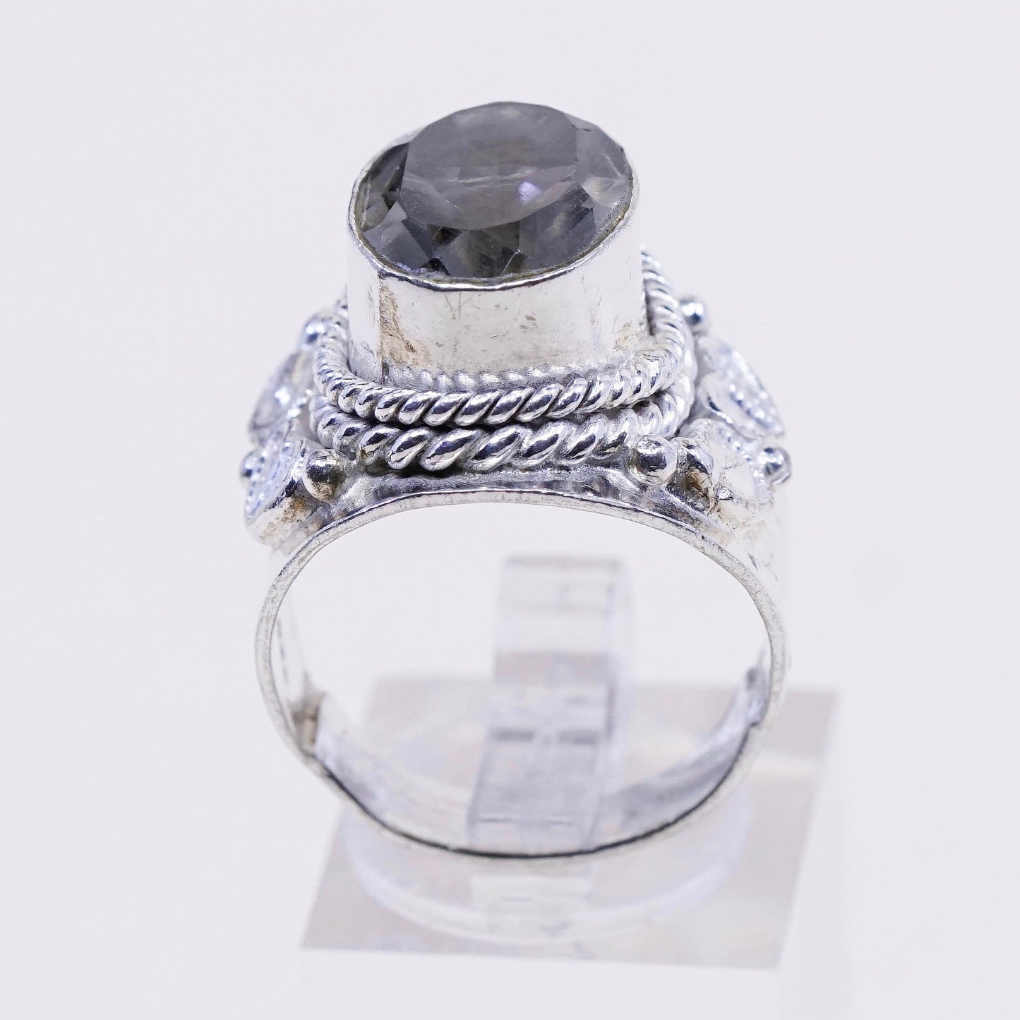 Size 9, vtg sterling 925 silver handmade statement ring w/ smoky topaz N cable