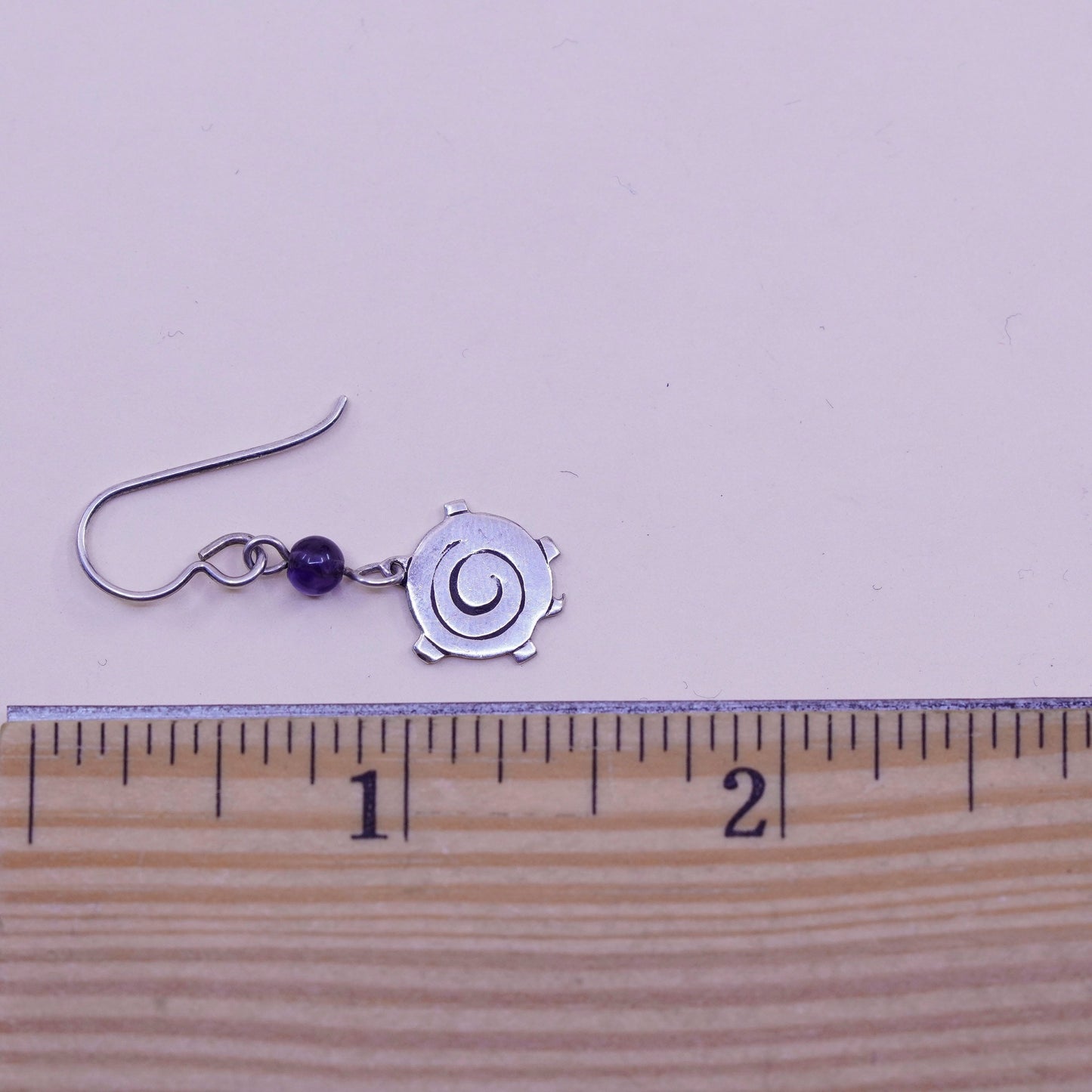Vintage Sterling silver handmade earrings, 925 swirly dangles with amethyst