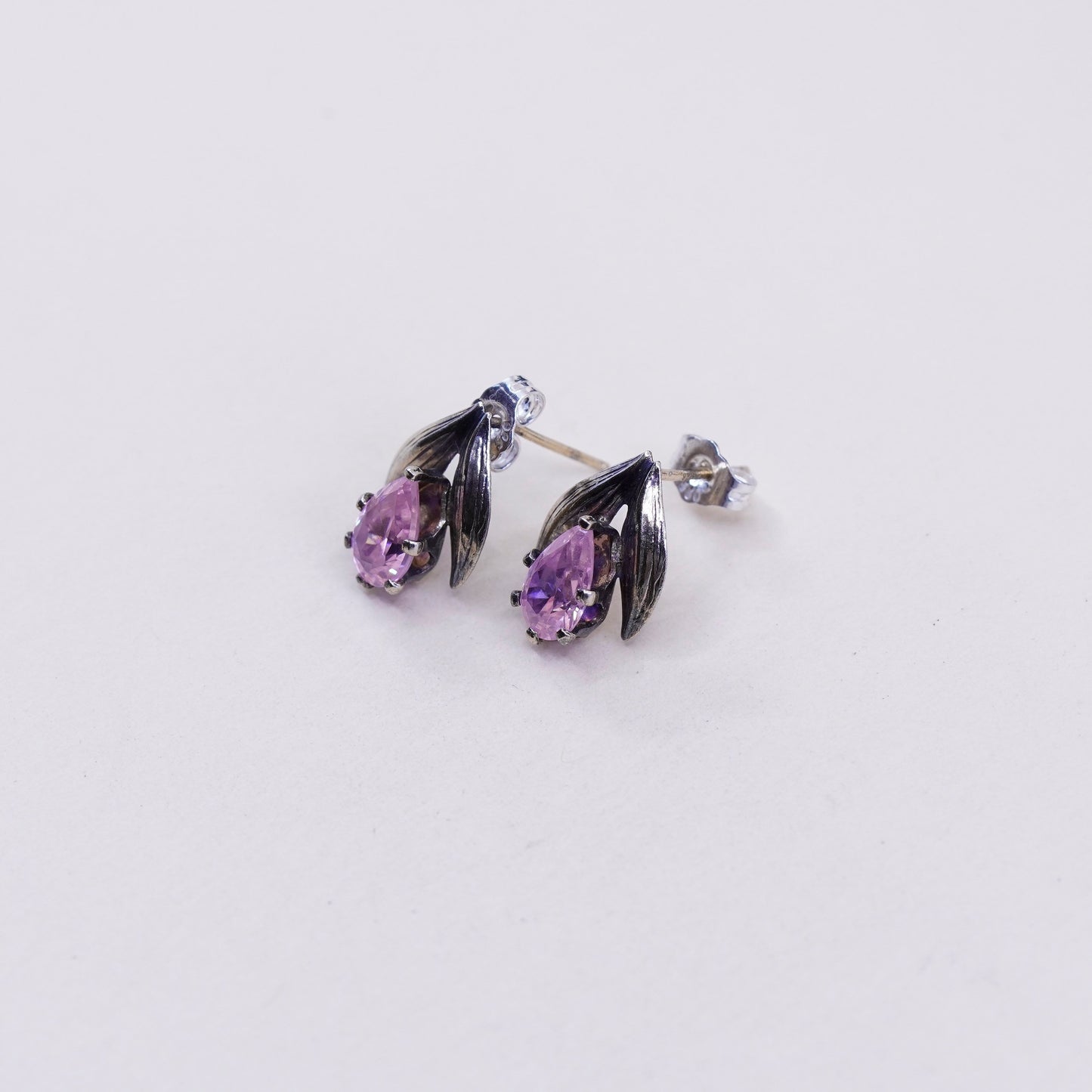 Vintage sterling 925 silver studs earrings with pink Cz and leaf