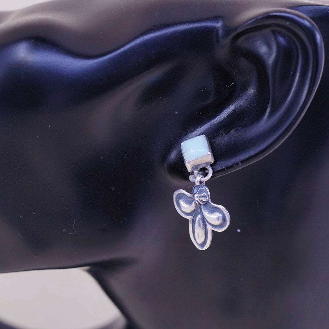 vtg Sterling silver handmade earrings, 925 teardrop drop w/ Larimar