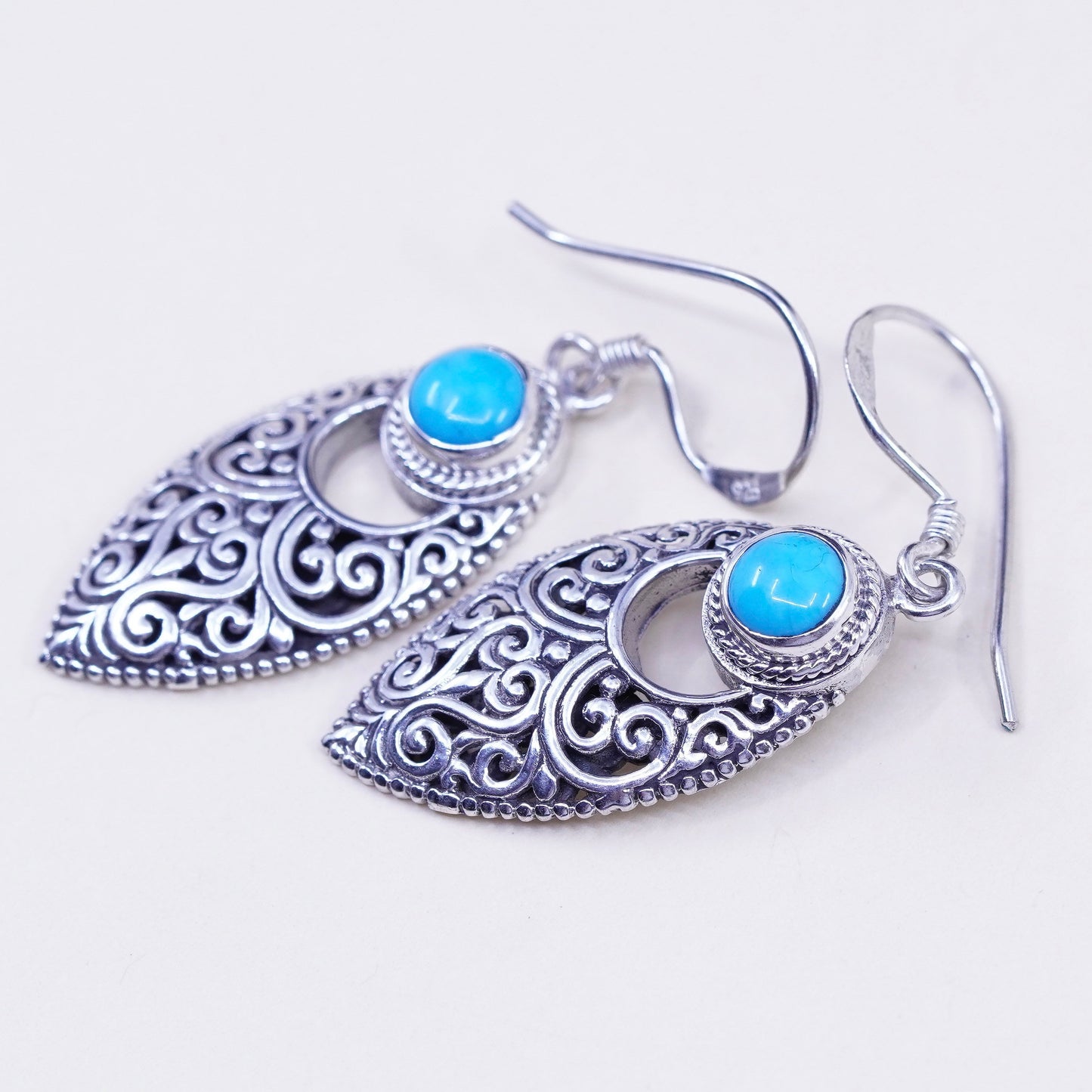 Vintage Sterling 925 silver handmade marquise earrings with turquoise filigree