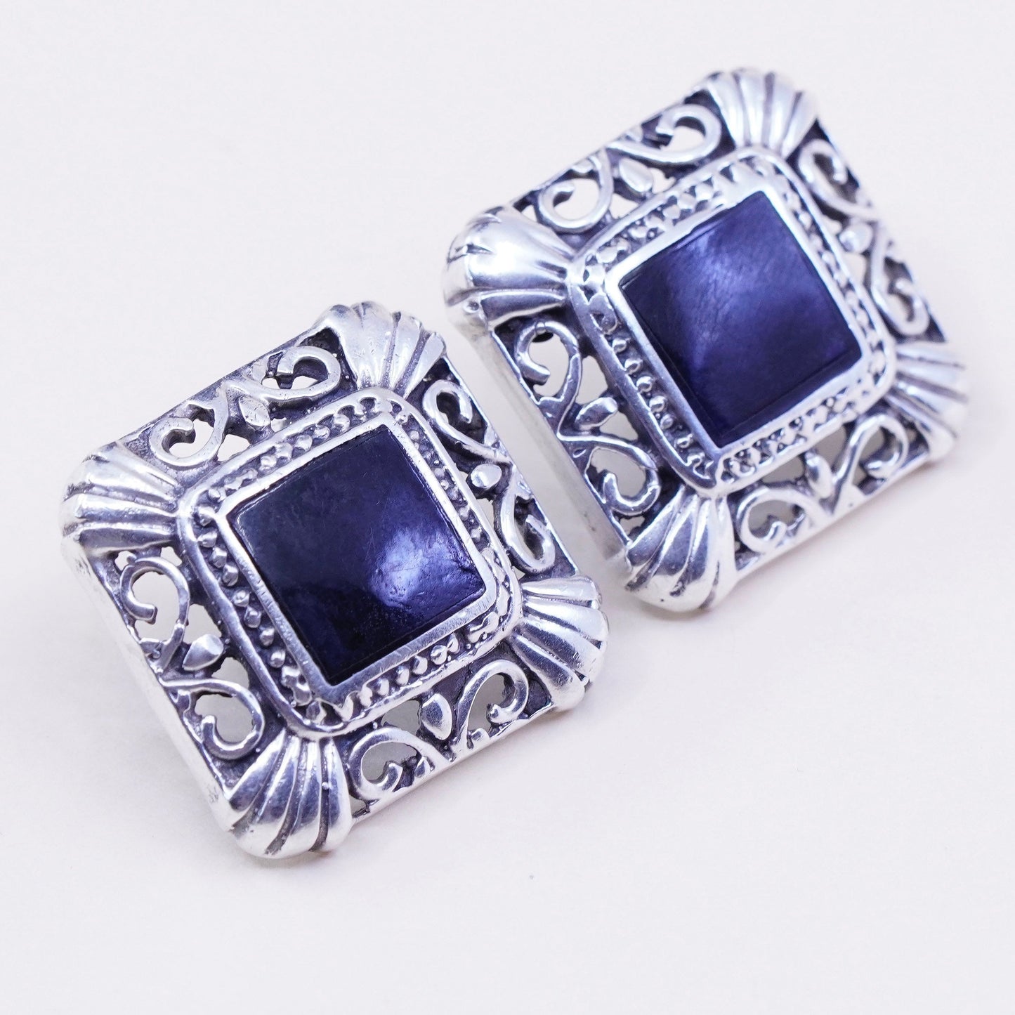Vintage Sterling silver handmade earrings, filigree 925 studs with square onyx