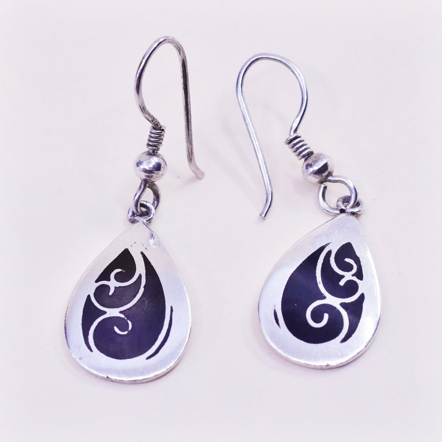Vintage Sterling silver handmade earrings, 925 teardrop drops with enamel