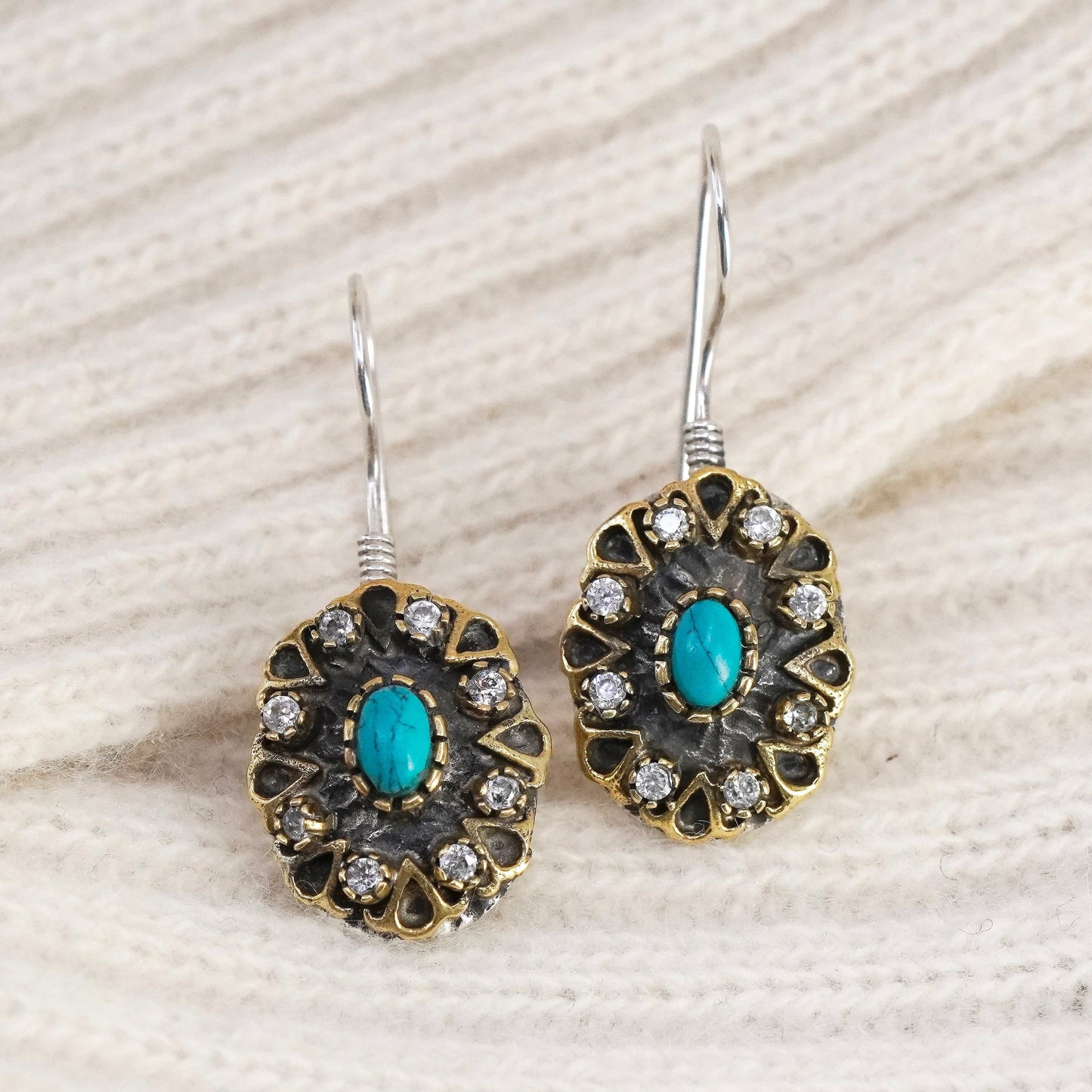 Vintage two tone sterling 925 silver handmade teardrop earrings w/ turquoise cz