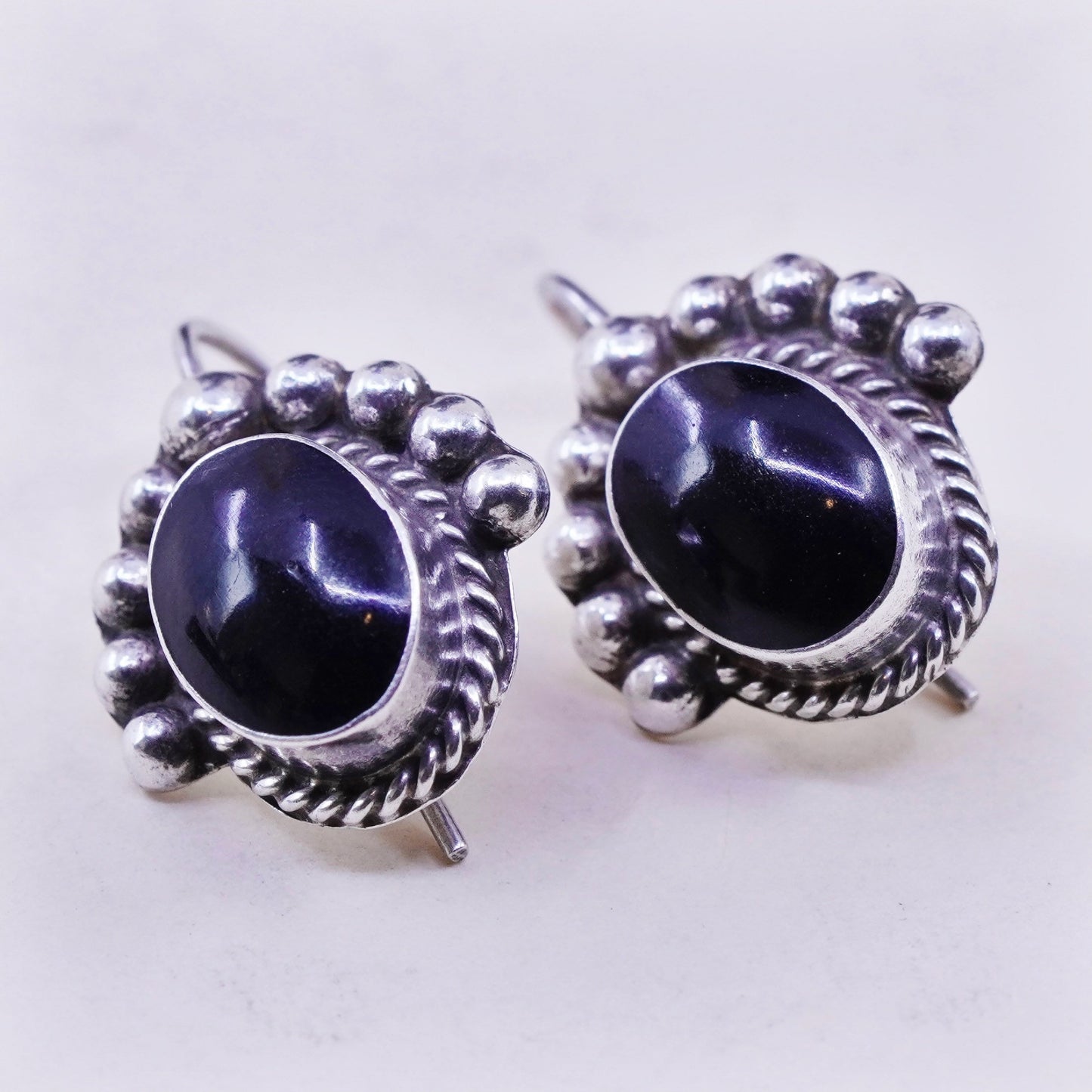 Vintage Sterling 925 silver handmade earrings with oval obsidian drops