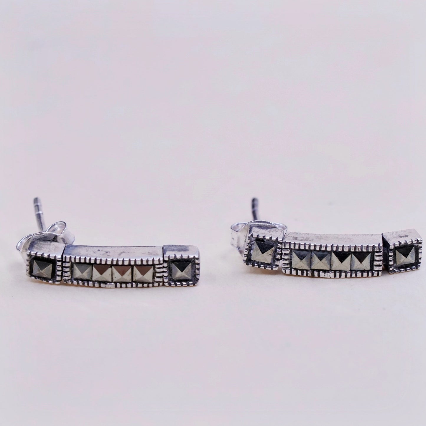 Vintage sterling 925 silver handmade elongated earrings with marcasite