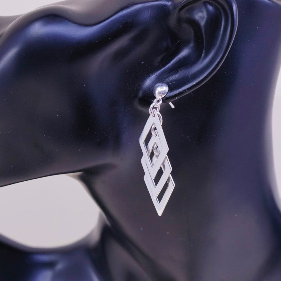vtg Sterling silver handmade earrings, 925 modern marquise shaped dangles