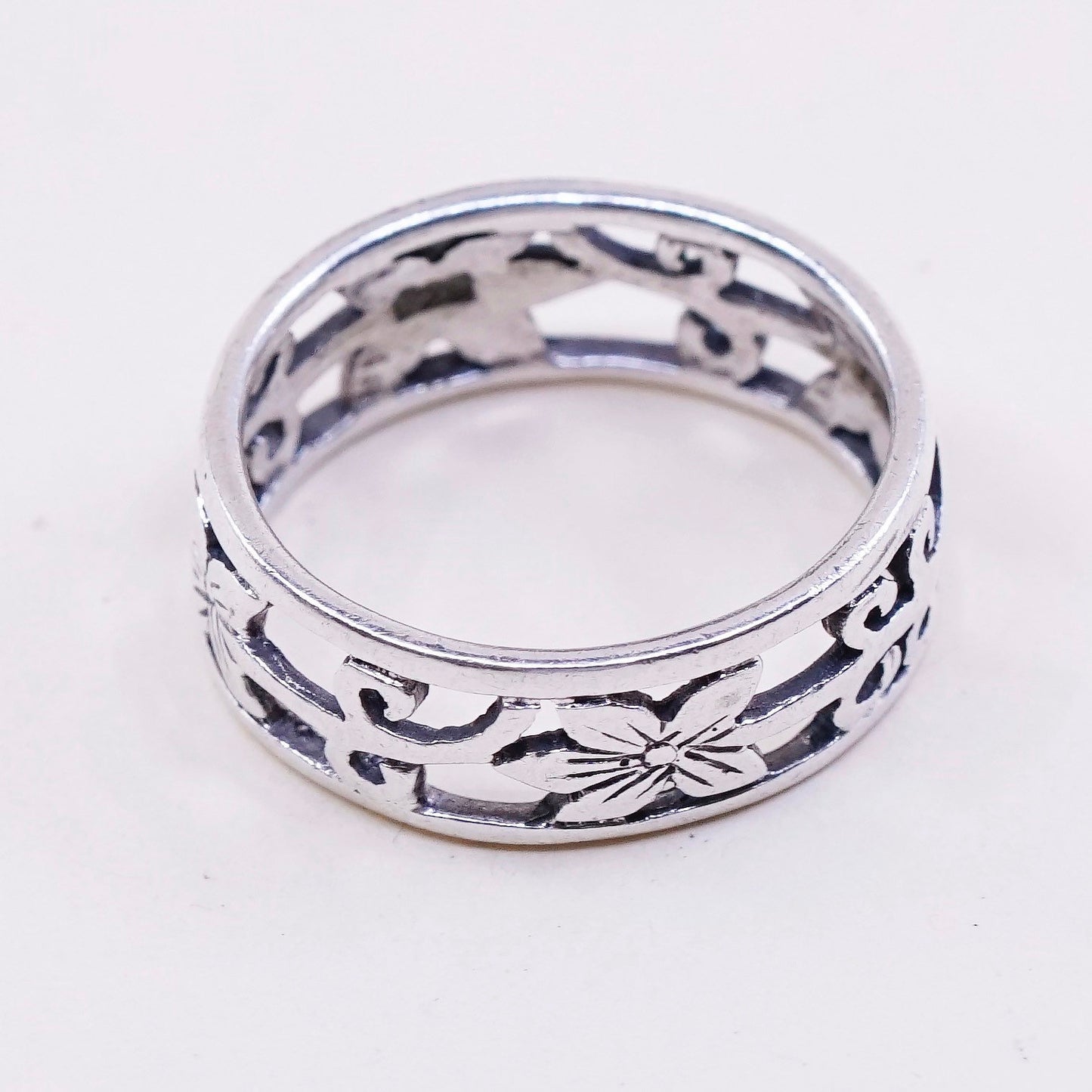 sz 4.75, vtg sterling silver handmade ring, 925 band w/ floral filigree
