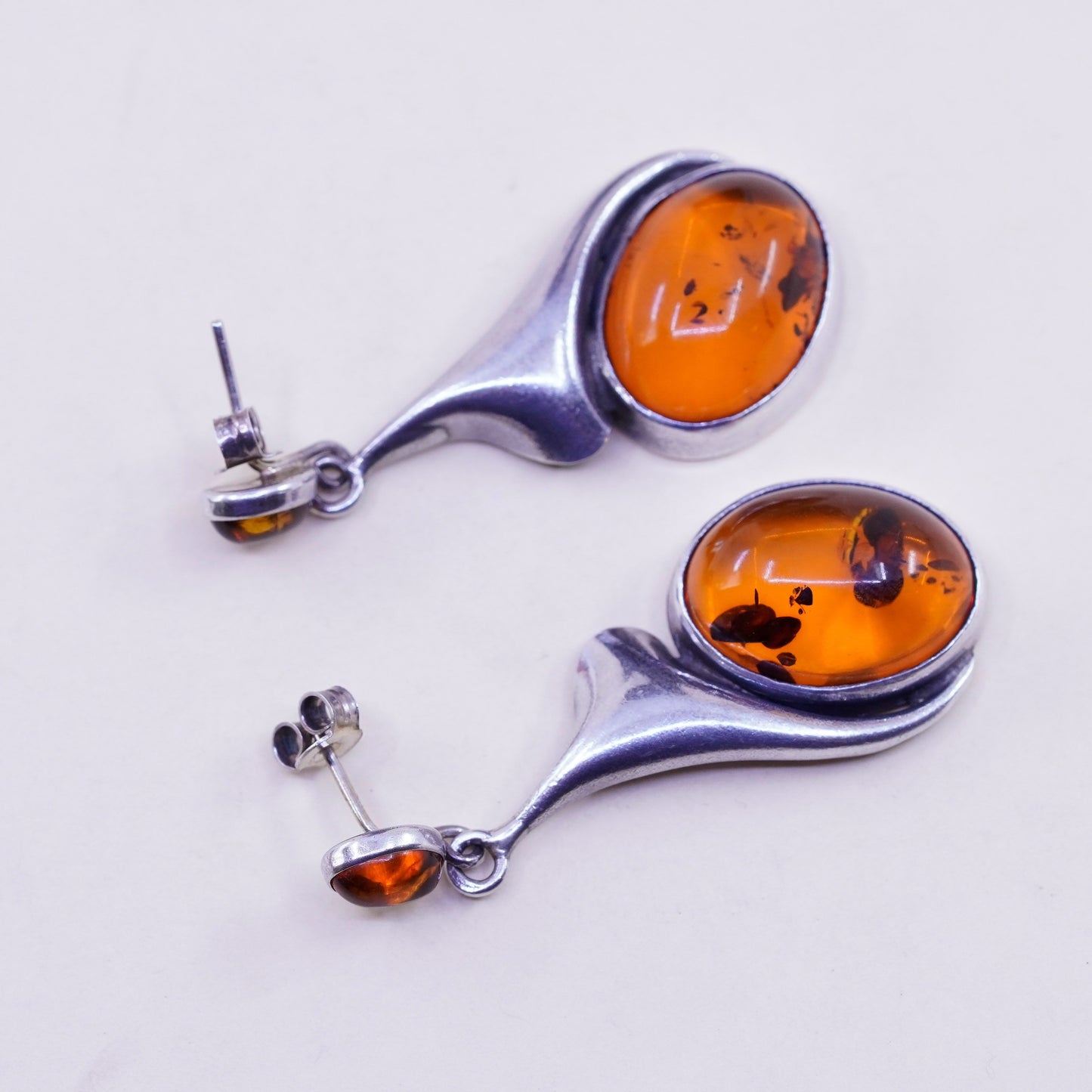 Vintage Sterling silver handmade earrings, 925 teardrop dangles with amber