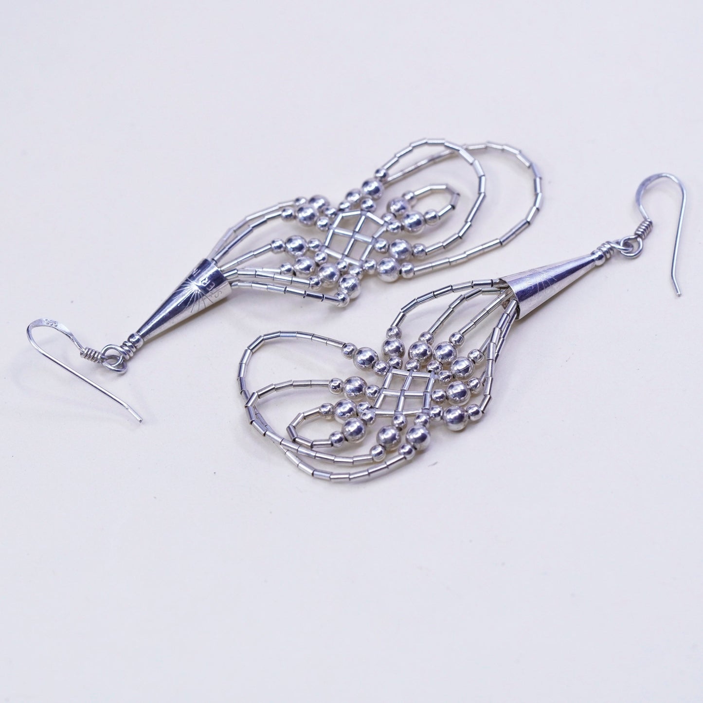vtg Sterling silver handmade earrings, 925 liquid silver braided woven drops