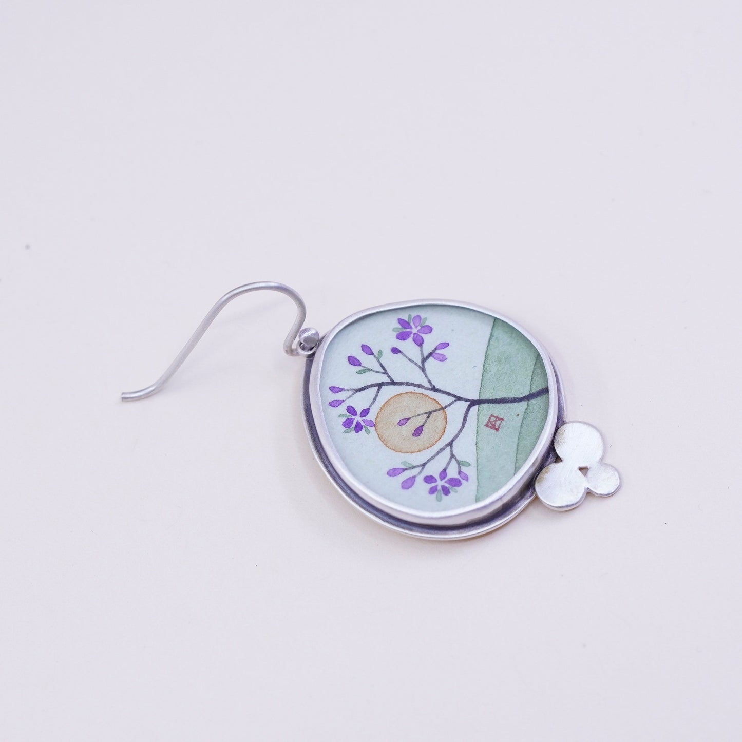 Designer Ananda KHALSA Sterling 925 silver handmade earrings, watercolor purple plum blossom flower with sun, stamped 925 A