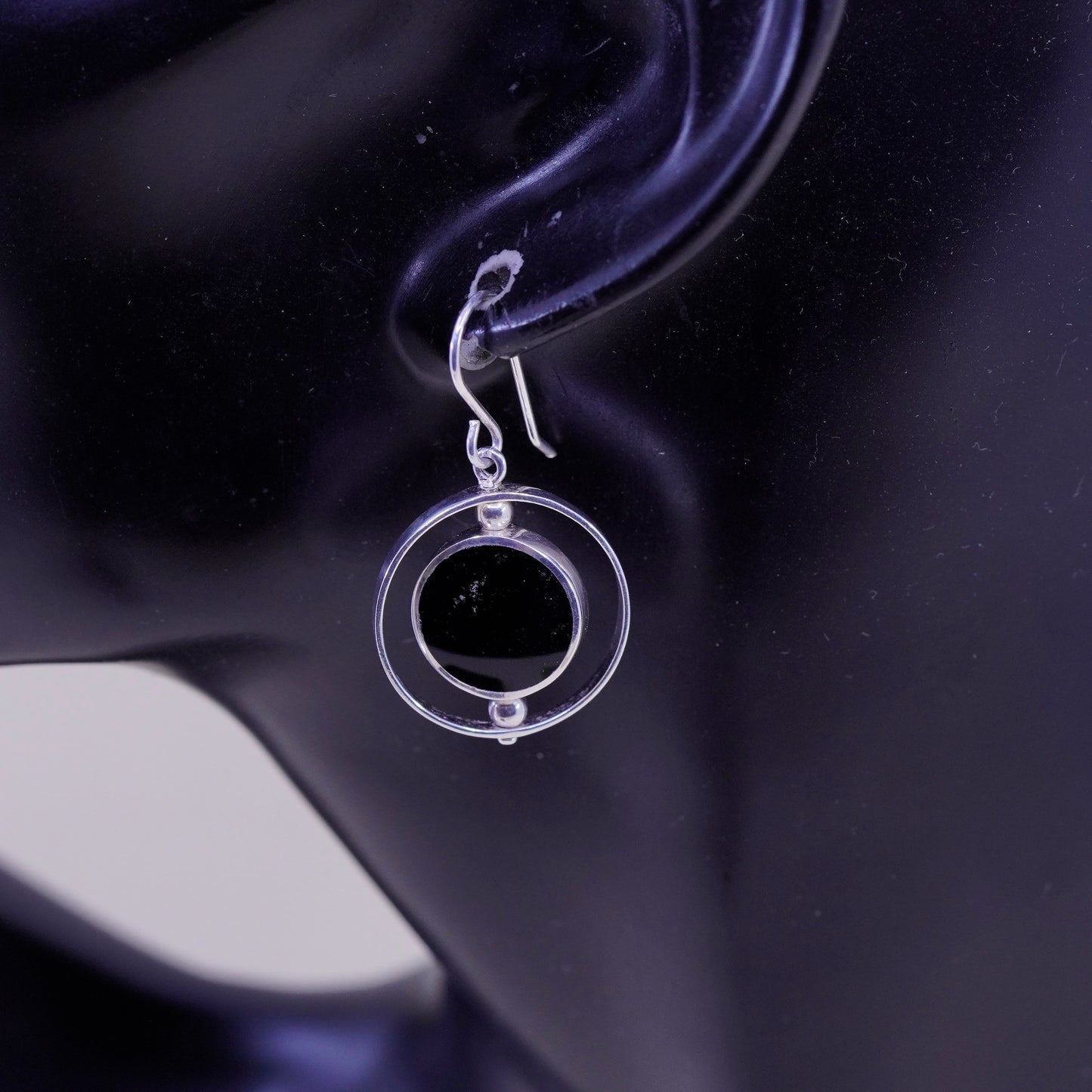 Vintage sterling silver handmade earrings, 925 circle spinner dangles obsidian