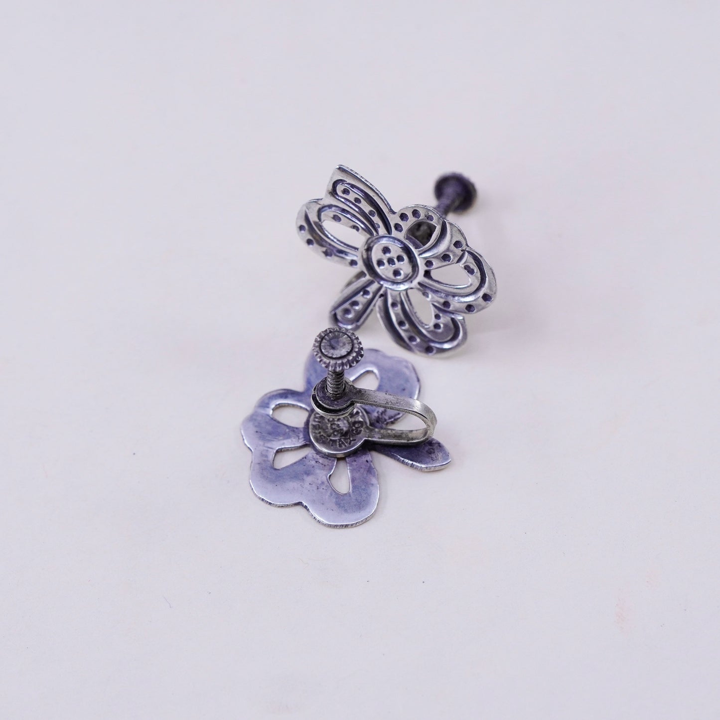 Vintage Sterling silver handmade earrings, 925 screw back bow tie ribbon