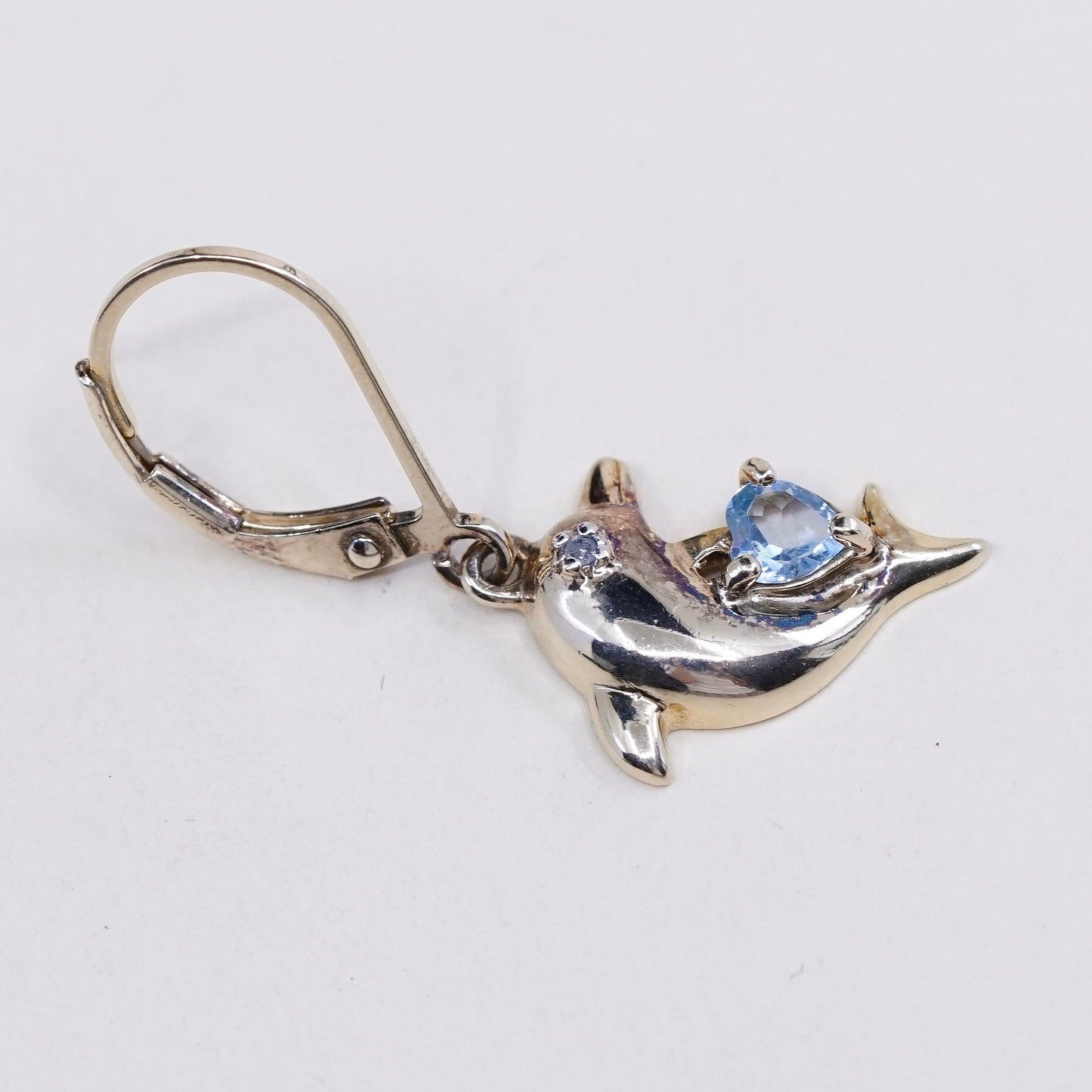 vermeil gold over sterling 925 silver handmade dolphin earrings w/ topaz heart