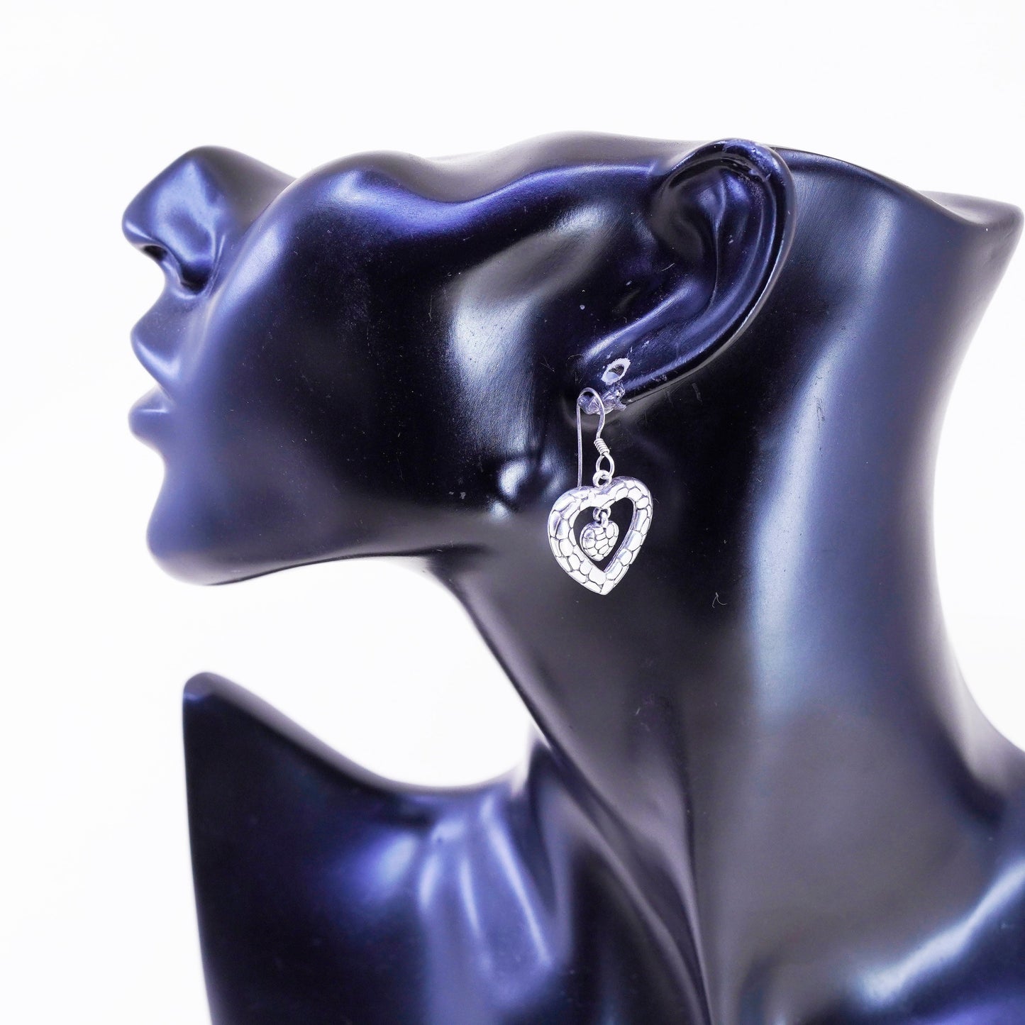 Vintage sterling silver handmade earrings, textured 925 heart dangles