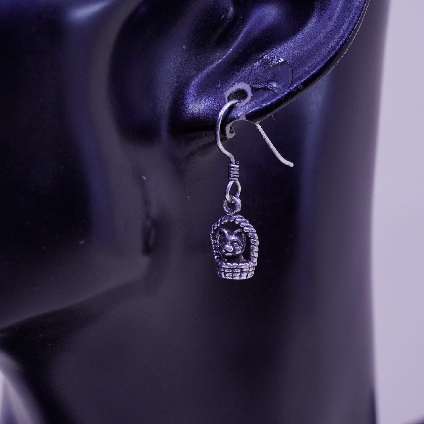 Vintage sterling silver handmade earrings, 925 dog puppy in basket dangles