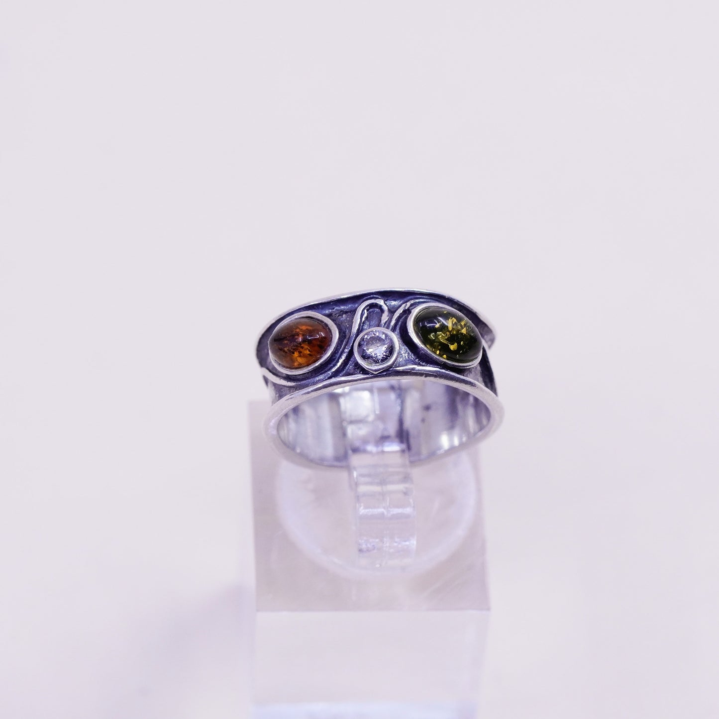 Size 6, Vintage sterling 925 silver handmade ring with Amber and cz