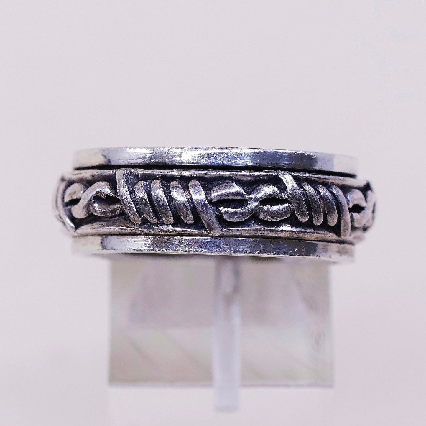 sz 10, vtg sterling silver handmade ring, 925 spinner roller band w/ cable