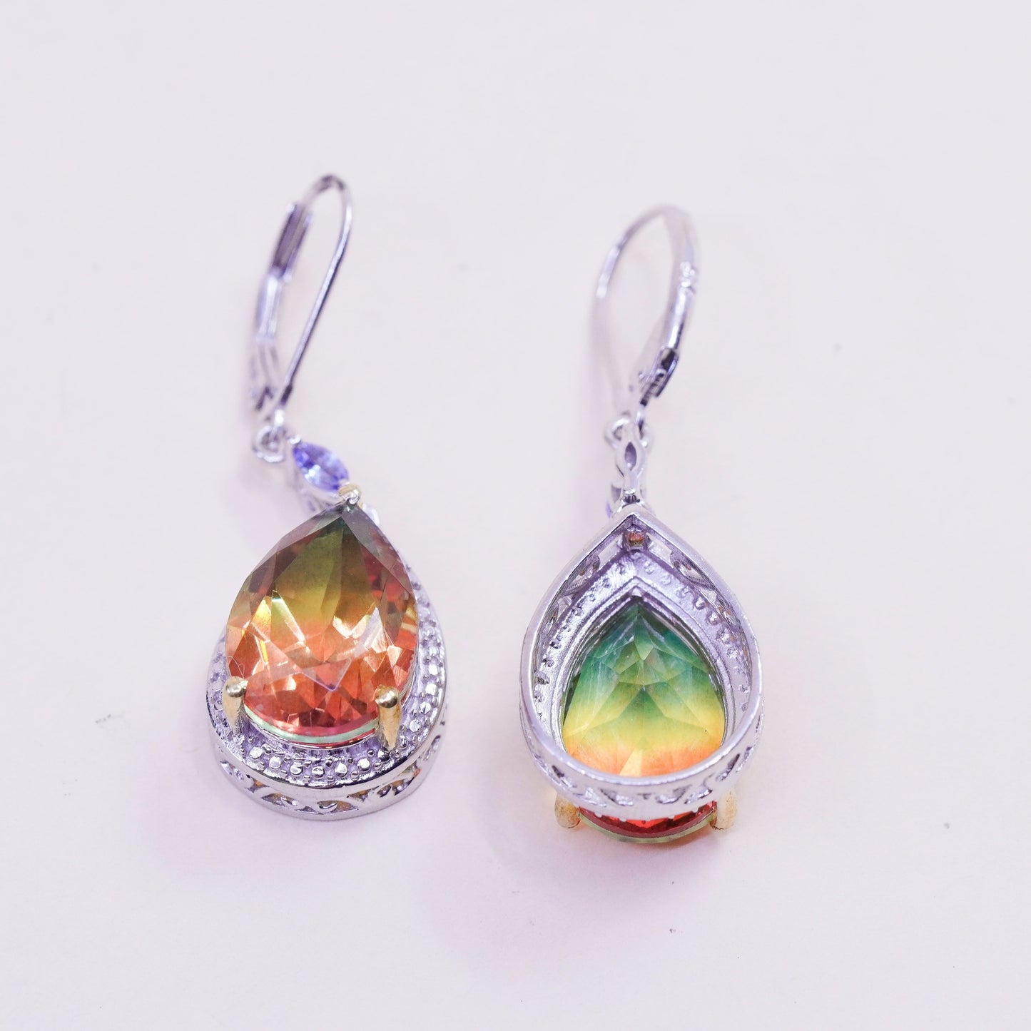 Vintage Sterling 925 silver handmade earrings with teardrop rainbow crystal