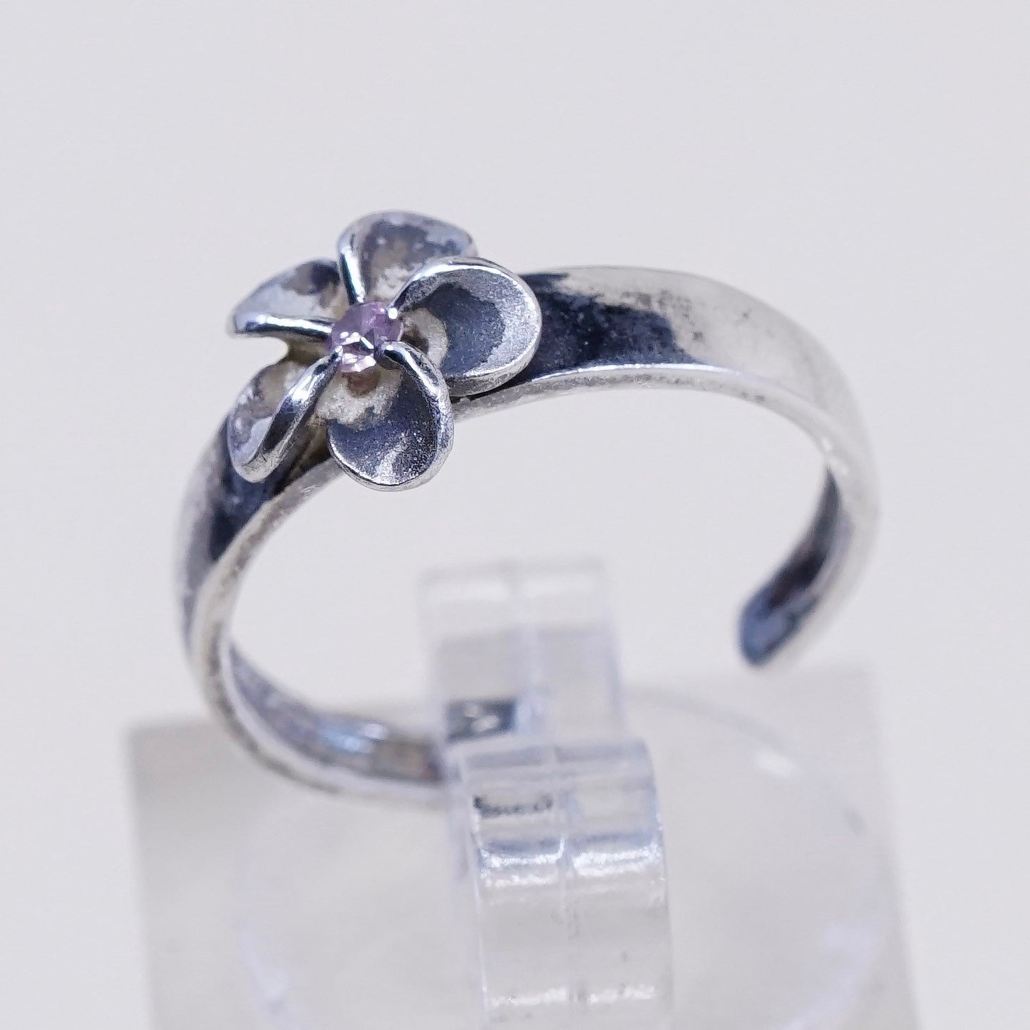 Size 4, Vintage sterling 925 silver plumeria flower with pink Cz ring