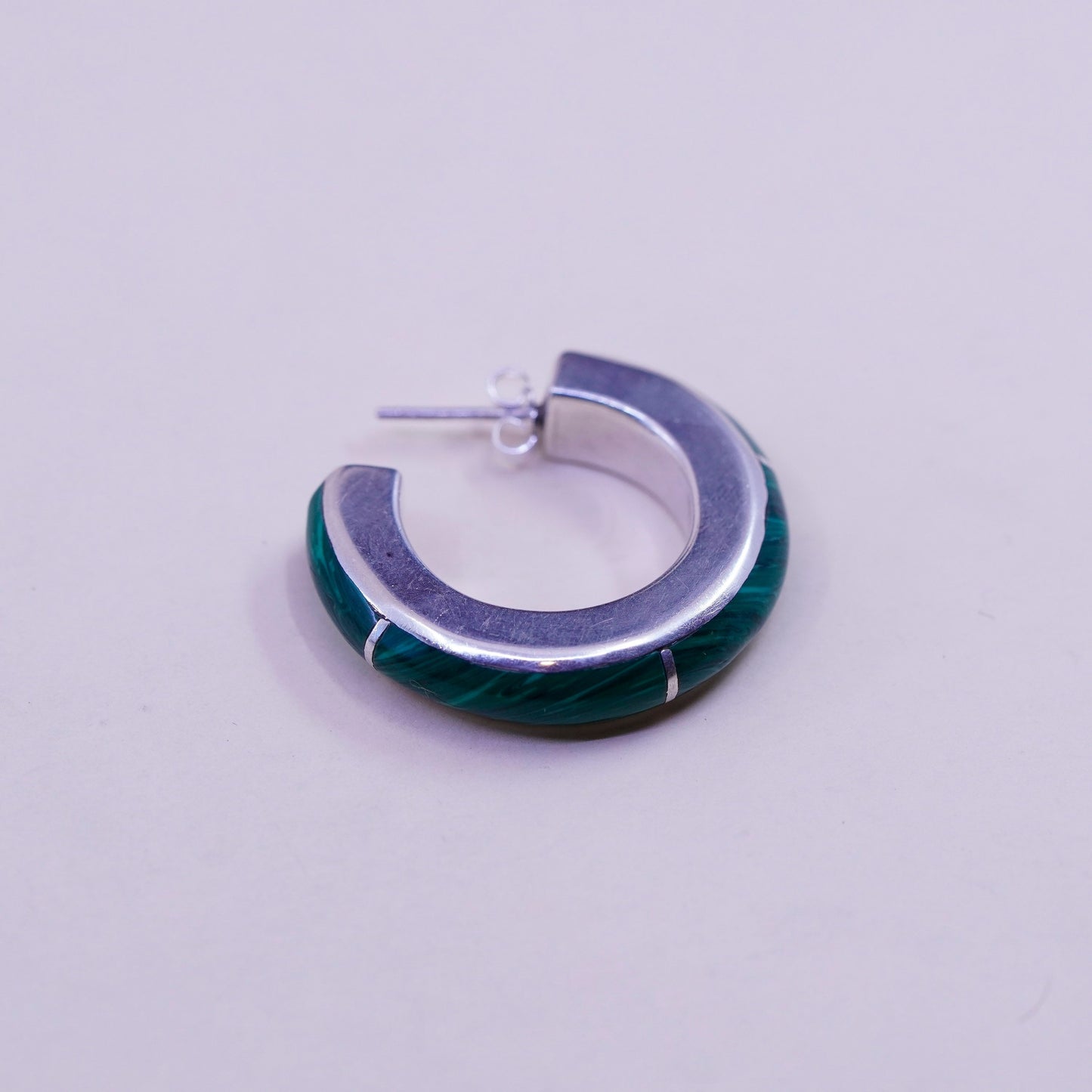 1.25”, vintage Sterling 925 silver handmade huggie hoops earrings w/ malachite