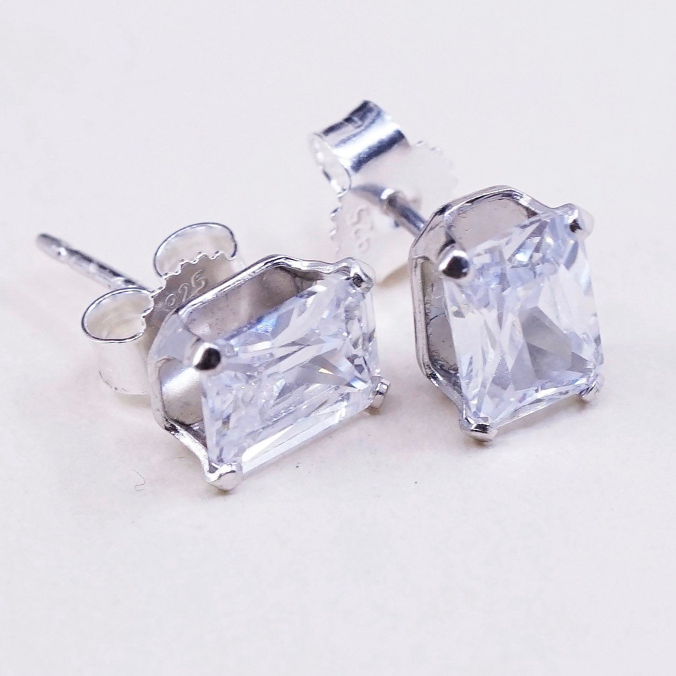 Vintage sterling silver square clear CZ studs, fashion minimalist earrings
