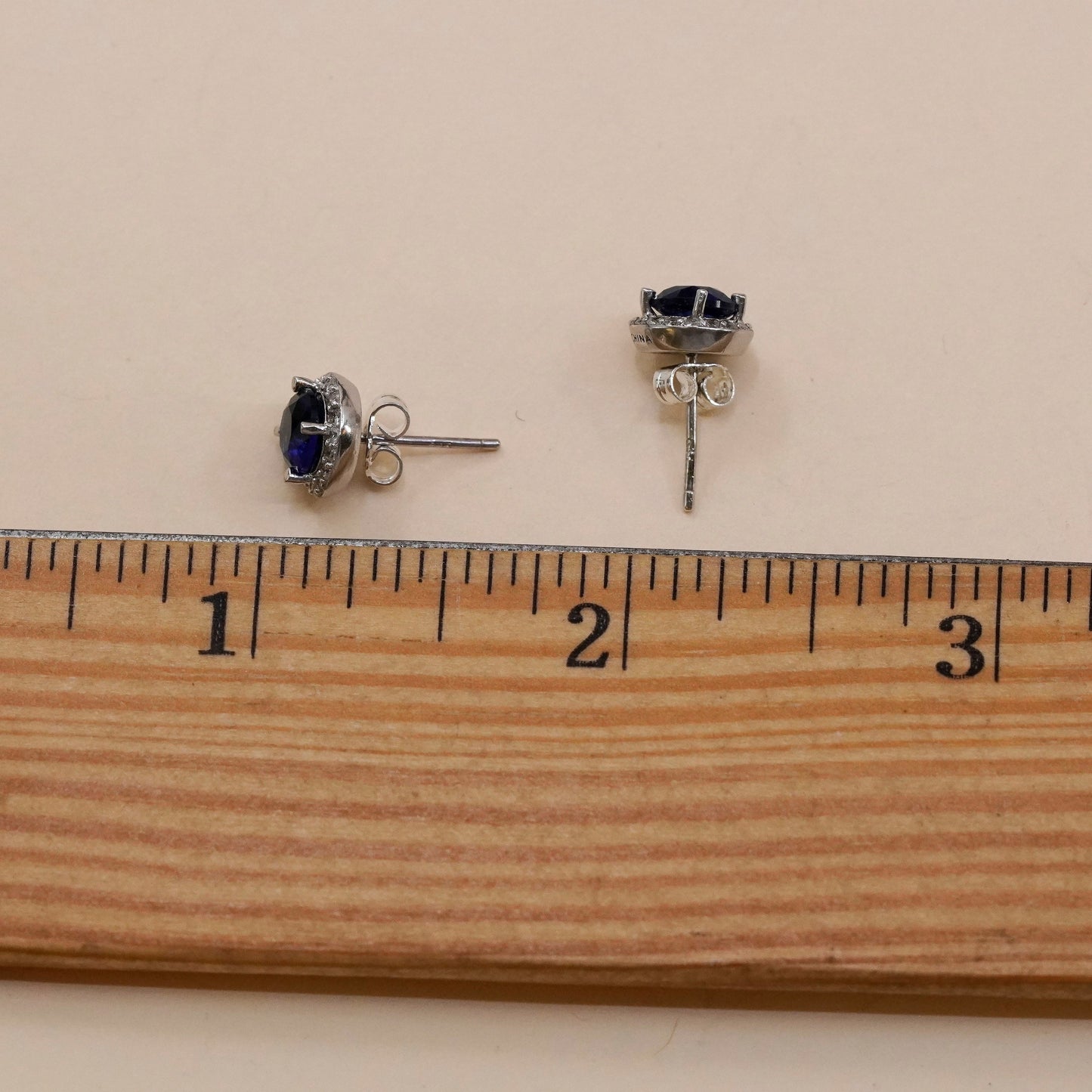 Vintage Sterling silver handmade earrings, 925 studs with sapphire cluster Cz