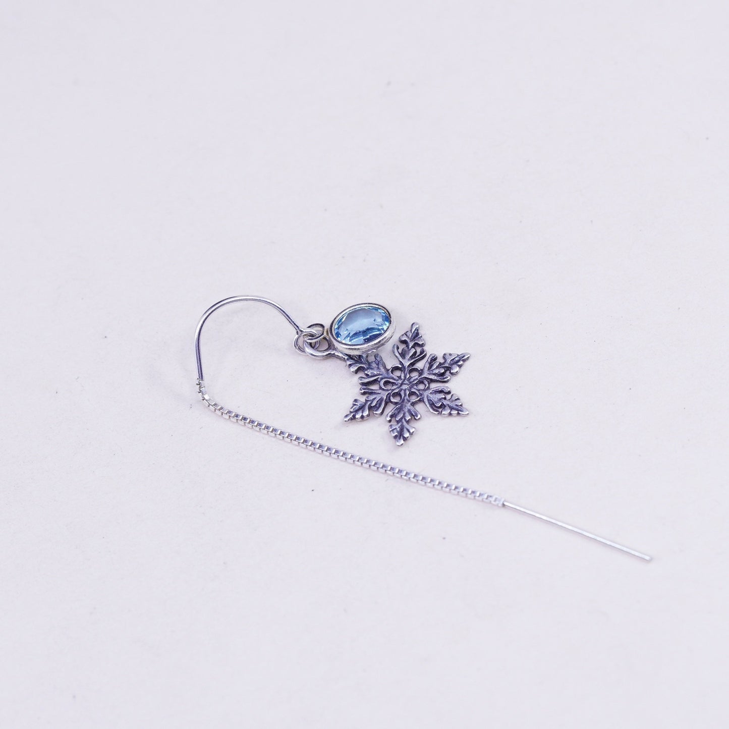 Vintage sterling silver handmade earrings, 925 snowflake drops with blue inlay