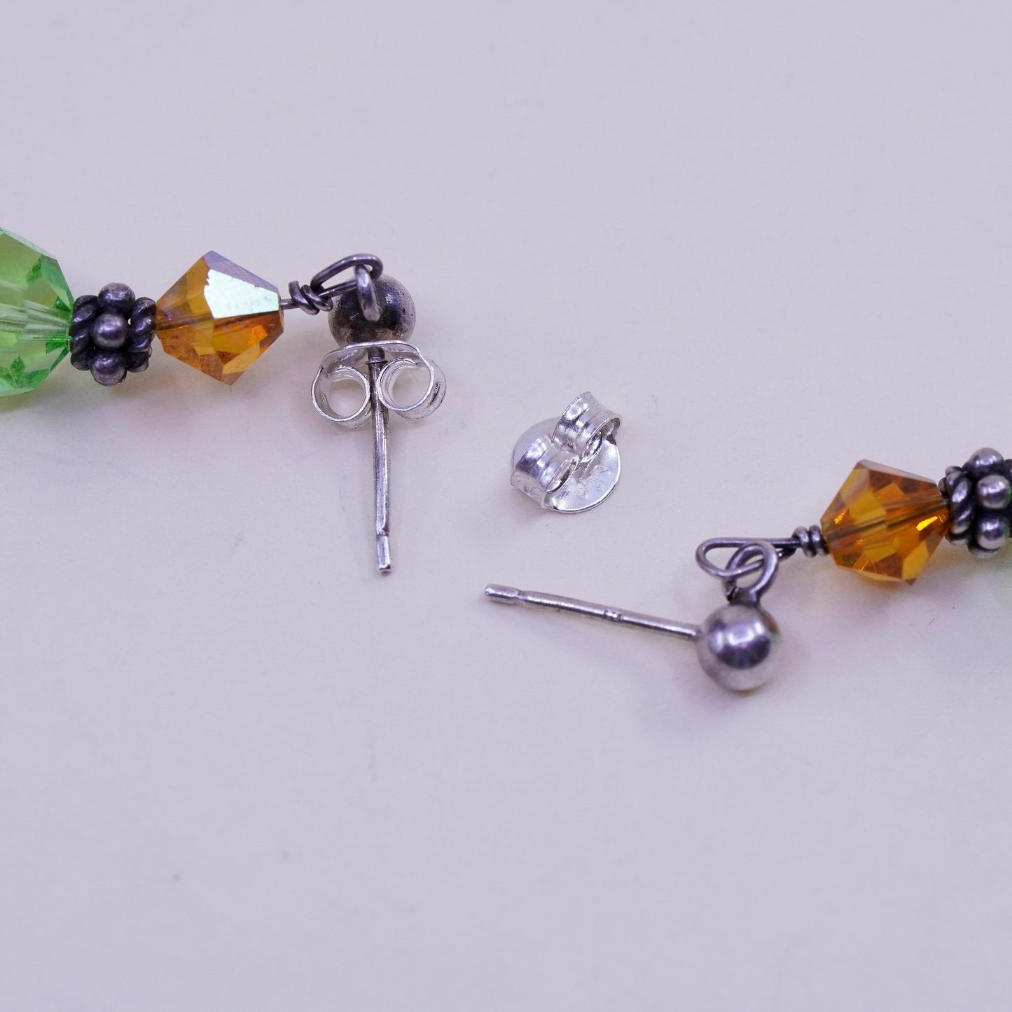 Vintage Sterling silver handmade earrings, 925 posts with green crystal