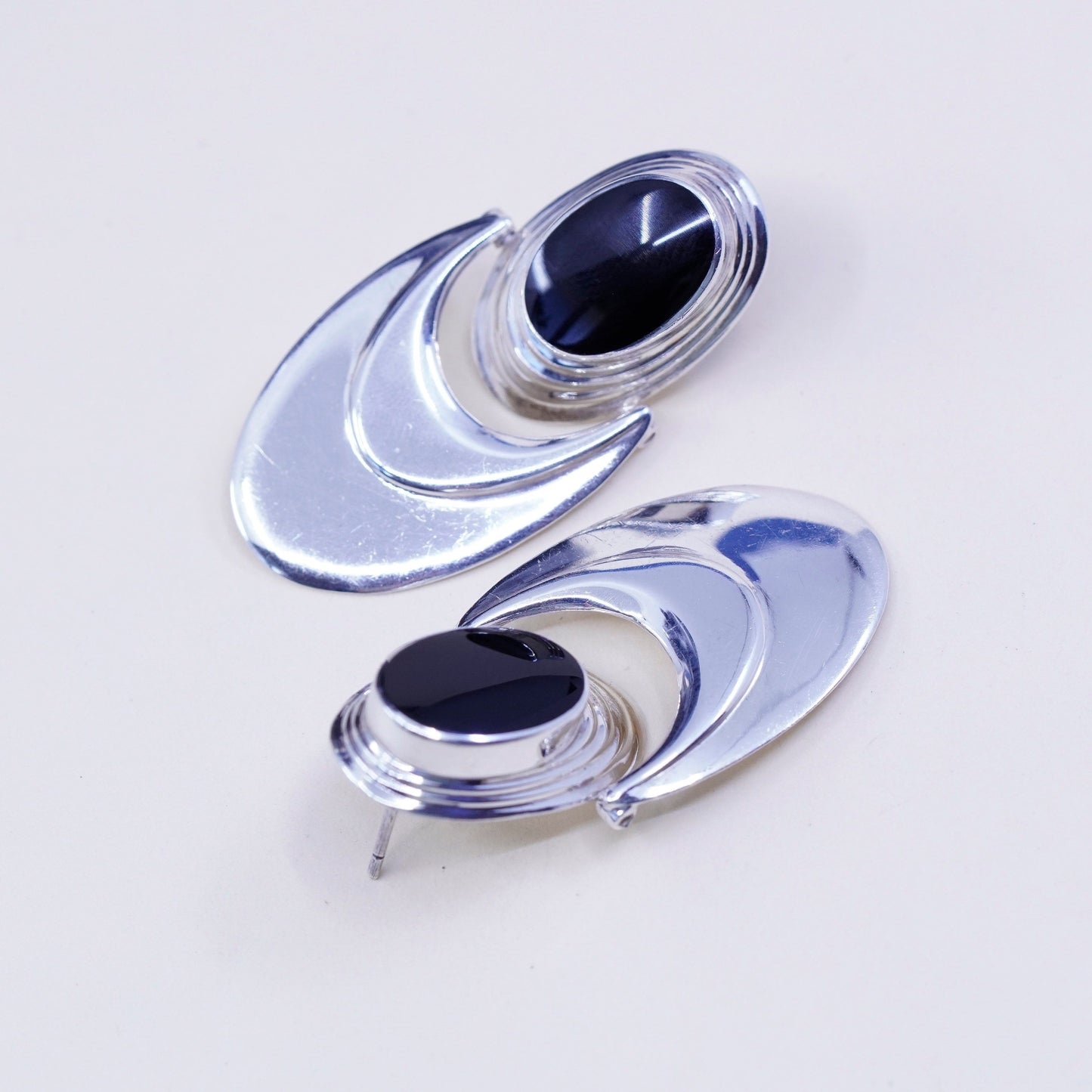 vtg Sterling 925 silver handmade earrings with oval obsidian drops, elegant
